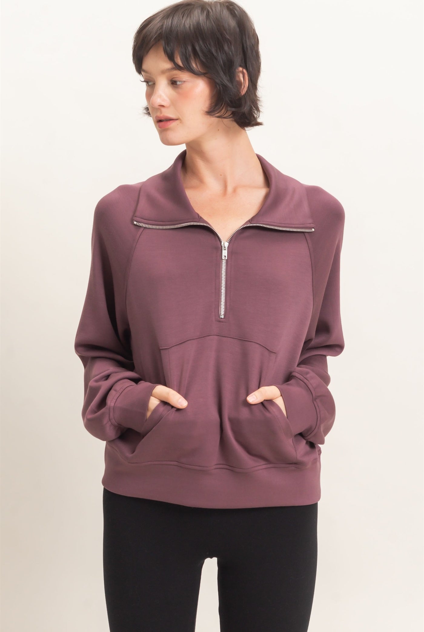 Wholesale Half-Zip Collar Raglan Pullover Sweatshirts DZ26C967 COCOA DOUBLE ZERO