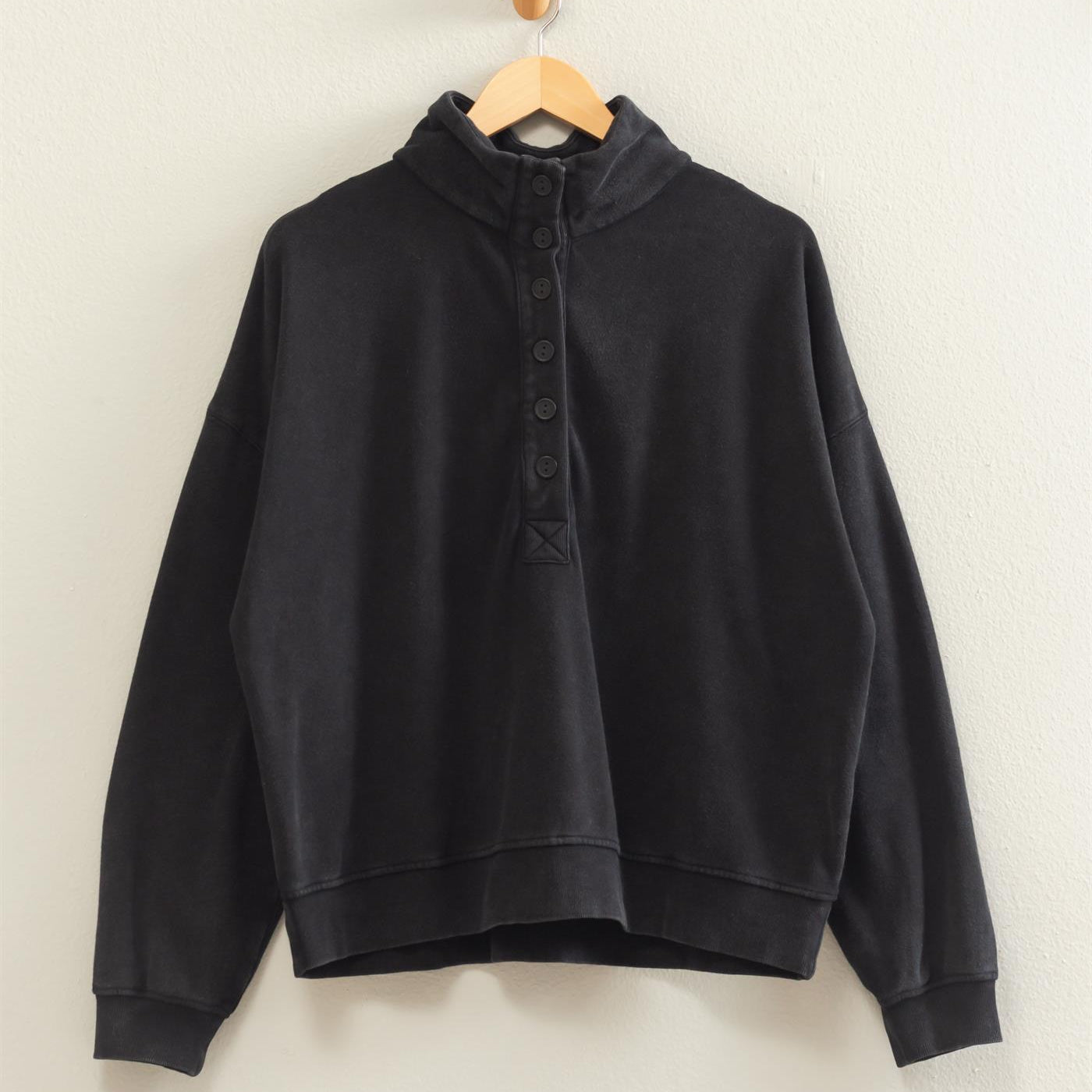 Wholesale Mineral Wash Button Front Sweatshirt Sweatshirts DZ26C909 BLACK DOUBLE ZERO