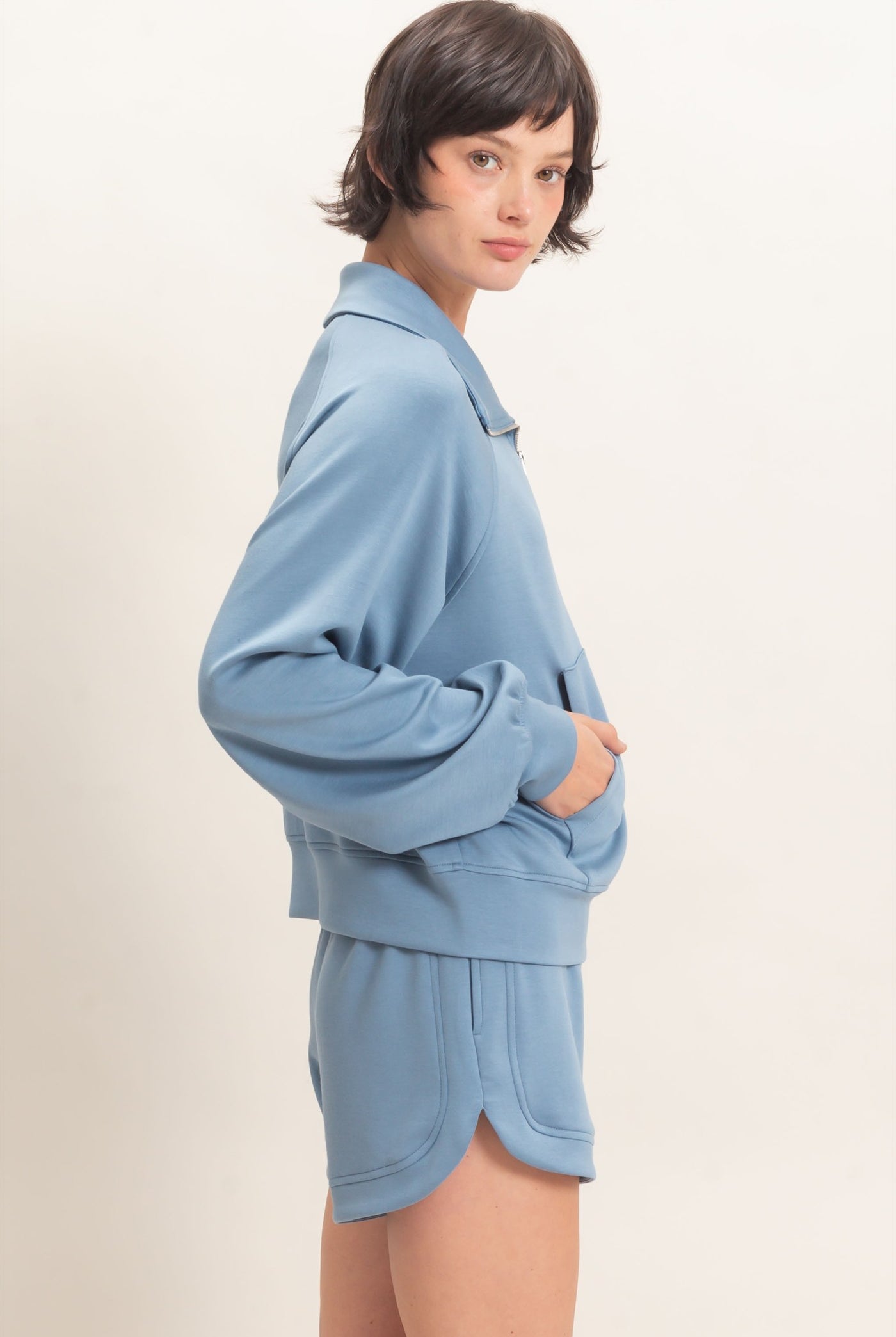 Wholesale Half-Zip Collar Raglan Pullover Sweatshirts DZ26C967 DUSTY BLUE DOUBLE ZERO