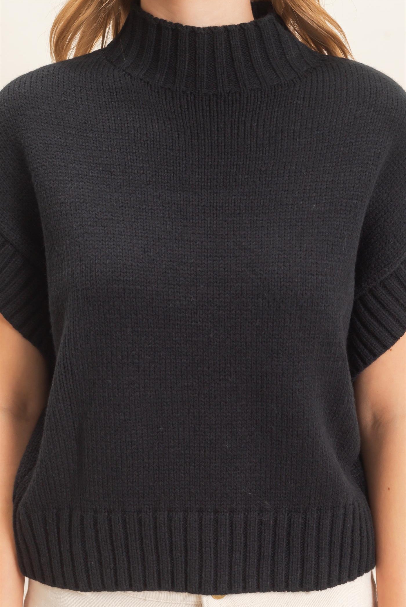 Wholesale Ribbed Mock Neck Sweater Vest Sweaters HF26F186-D BLACK HYFVE