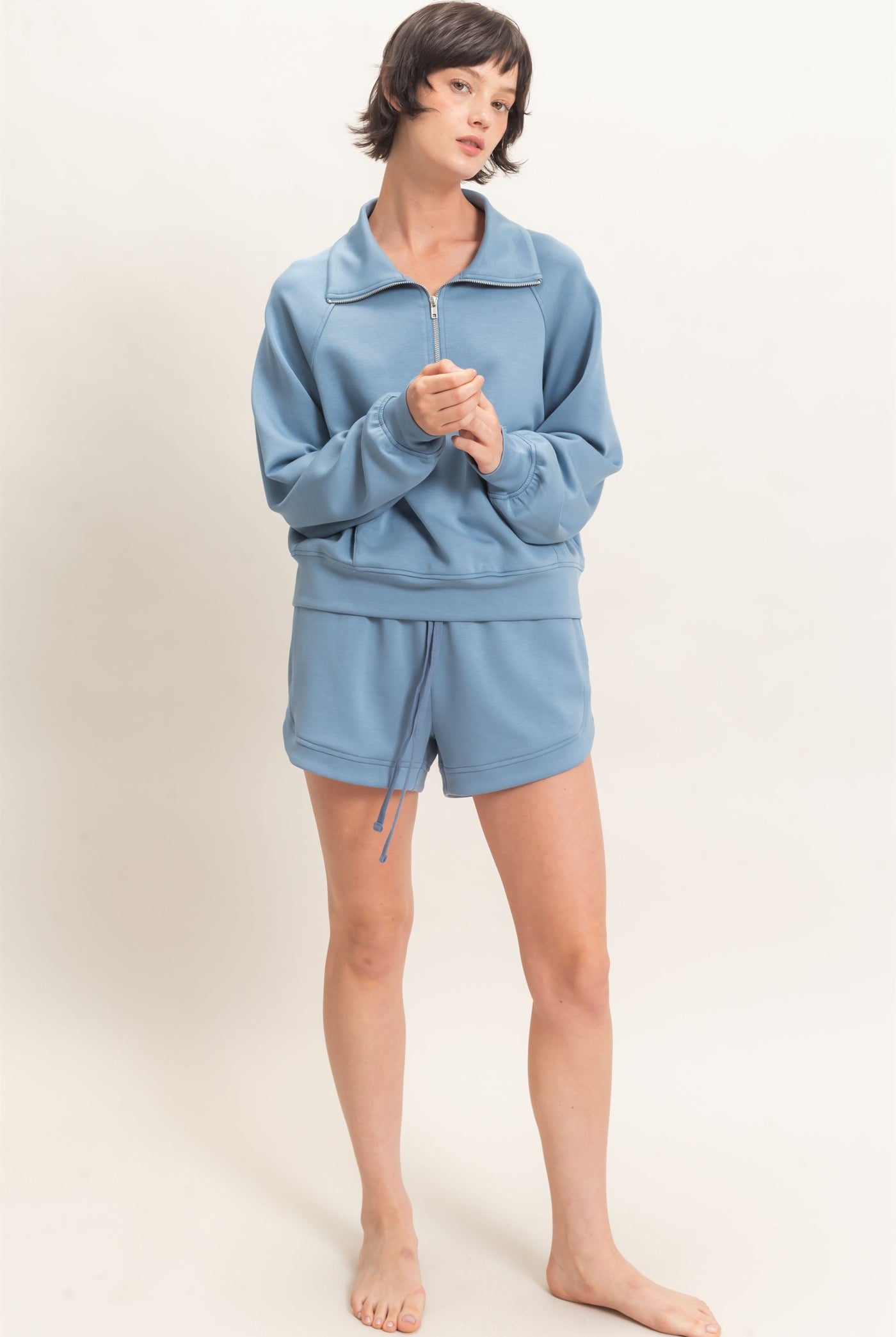 Wholesale Half-Zip Collar Raglan Pullover Sweatshirts DZ26C967 DUSTY BLUE DOUBLE ZERO