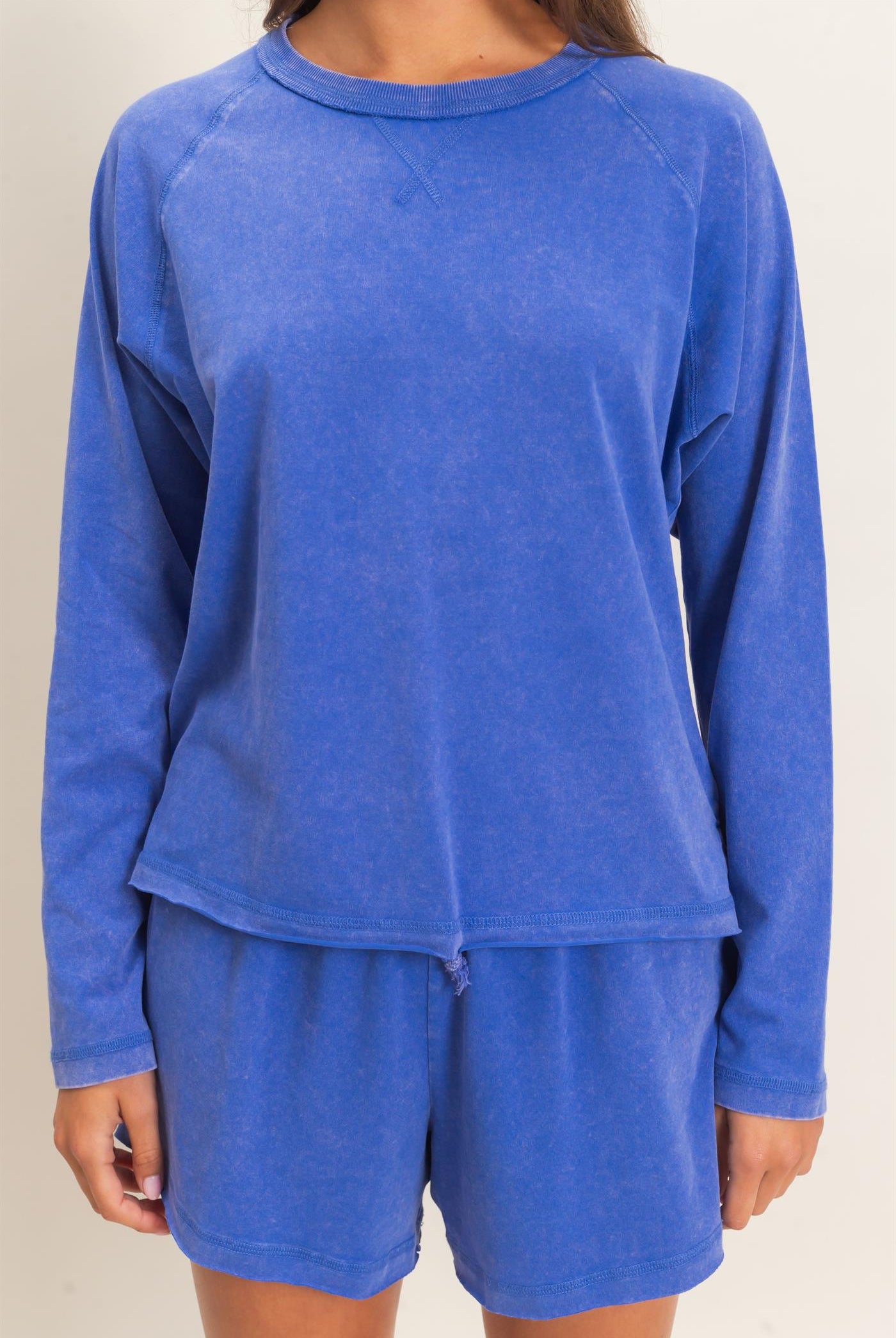 Wholesale Mineral Wash Long Sleeve Raw Edge Top & Shorts Set Clothing DZ26F403-SET COBALT DOUBLE ZERO