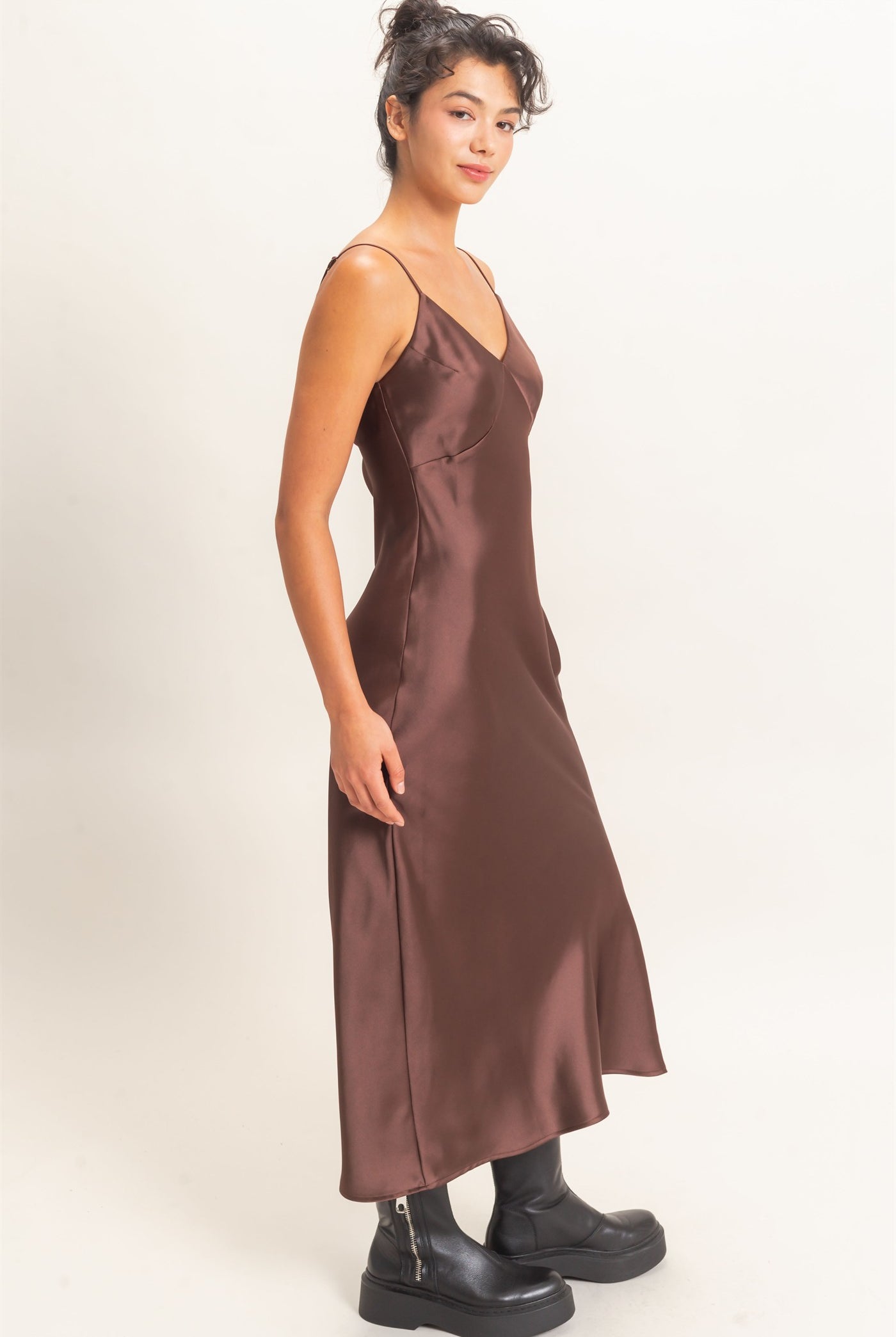 Wholesale Satin V-Neck Slip Dress Dresses DZ26E262 DARK BROWN DOUBLE ZERO