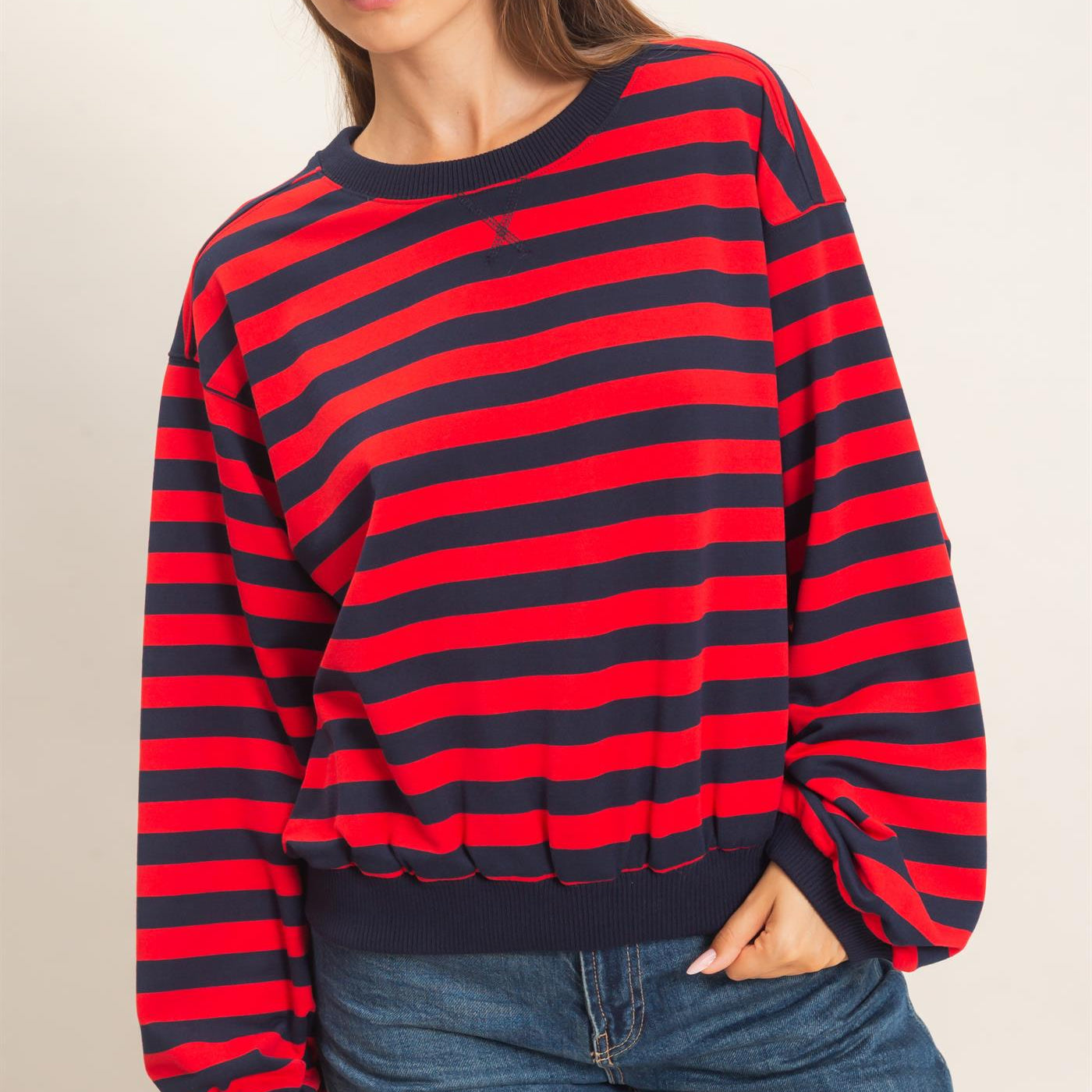 Wholesale Striped Crew Neck Sweatshirt Sweatshirts HF26E010 RED HYFVE