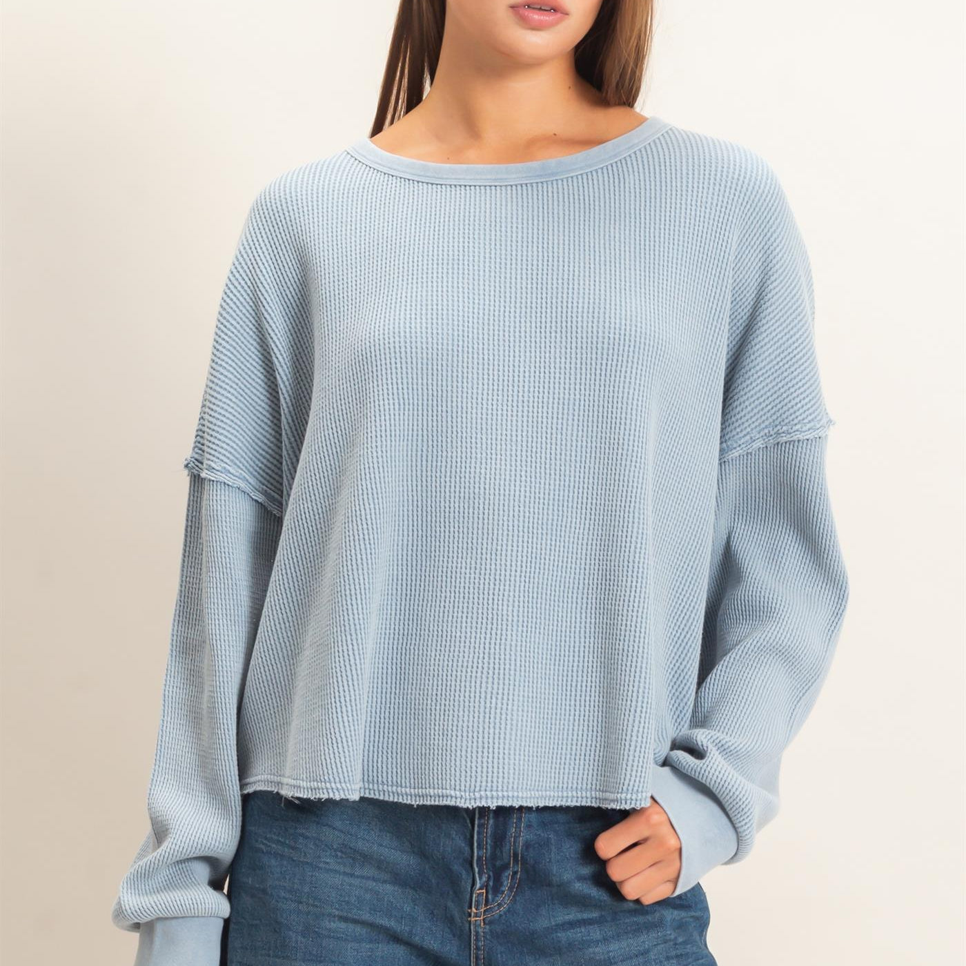 Wholesale Mineral Wash Waffle Oversized Top Clothing Tops DZ26E248 DUSTY BLUE DOUBLE ZERO