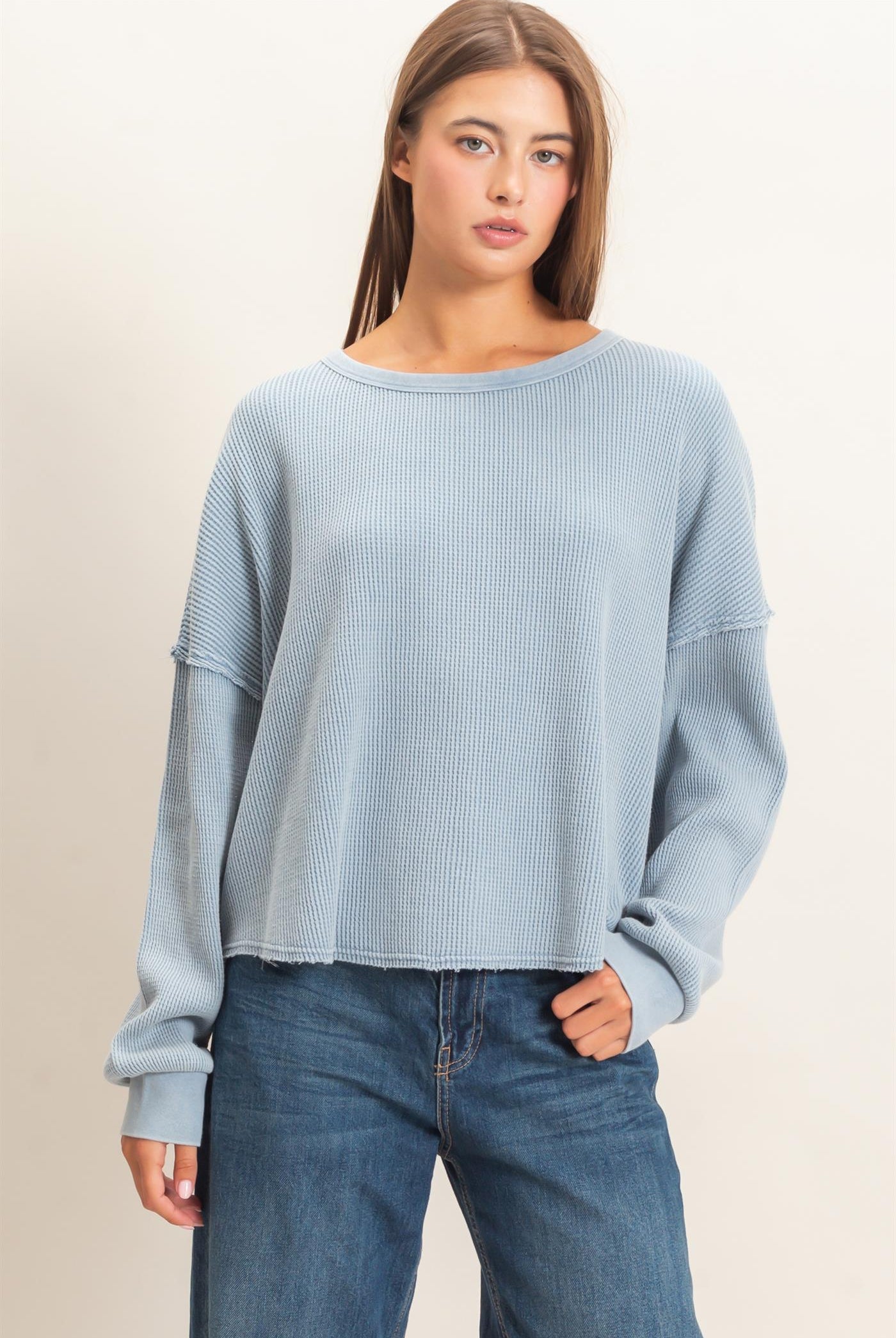 Wholesale Mineral Wash Waffle Oversized Top Clothing Tops DZ26E248 DUSTY BLUE DOUBLE ZERO