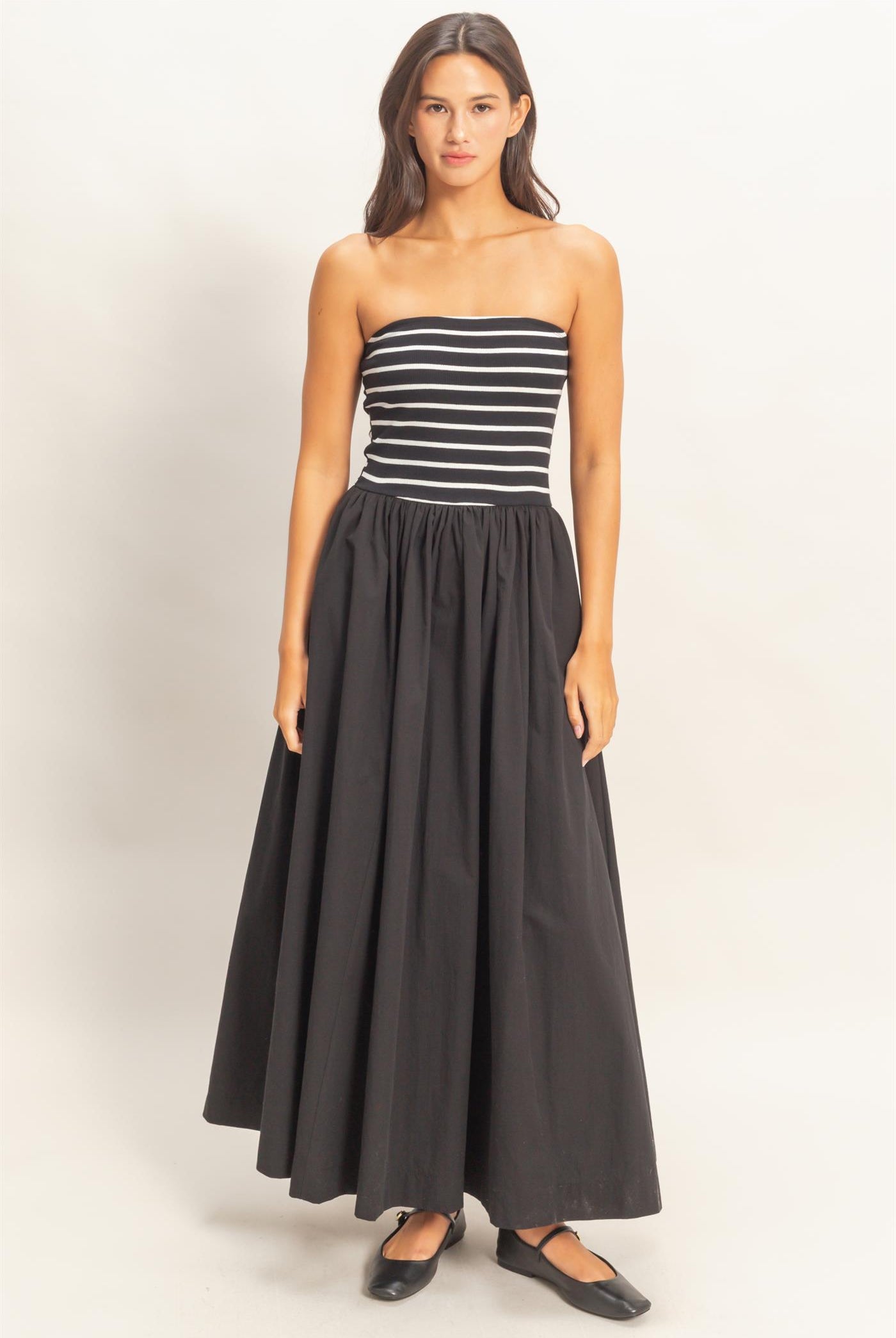 Wholesale Striped Strapless Flowy Midi Dress Dresses DZ26C169 BLACK DOUBLE ZERO