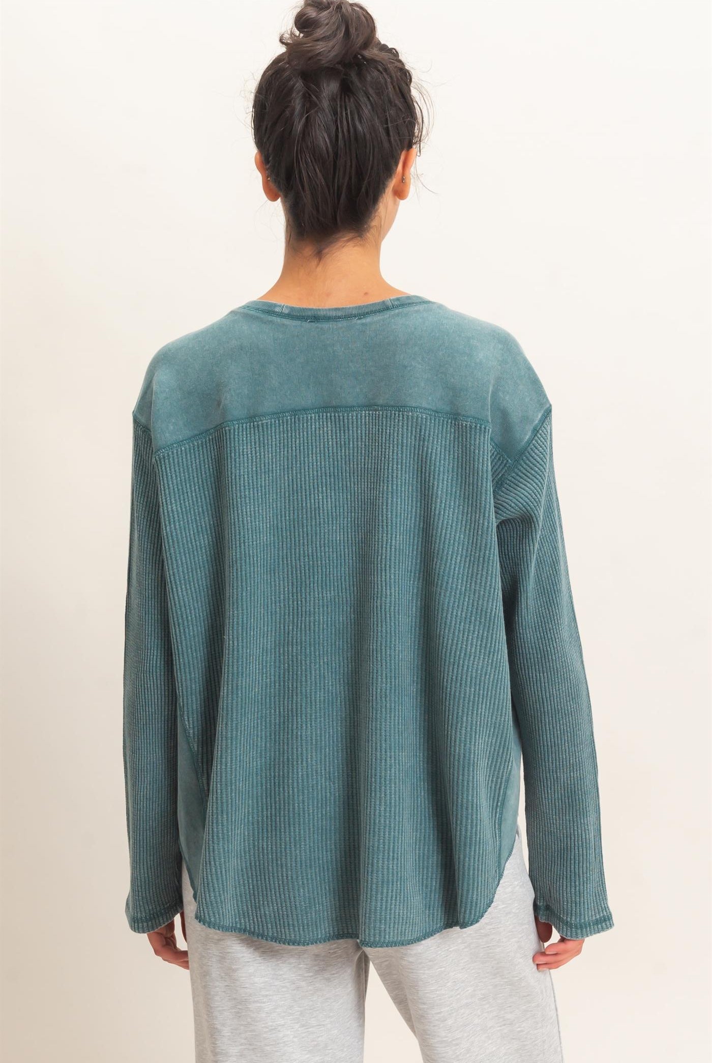 Wholesale Oversized Mineral Washed Waffle Knit Top Clothing Tops DZ26E654 DARK TEAL DOUBLE ZERO