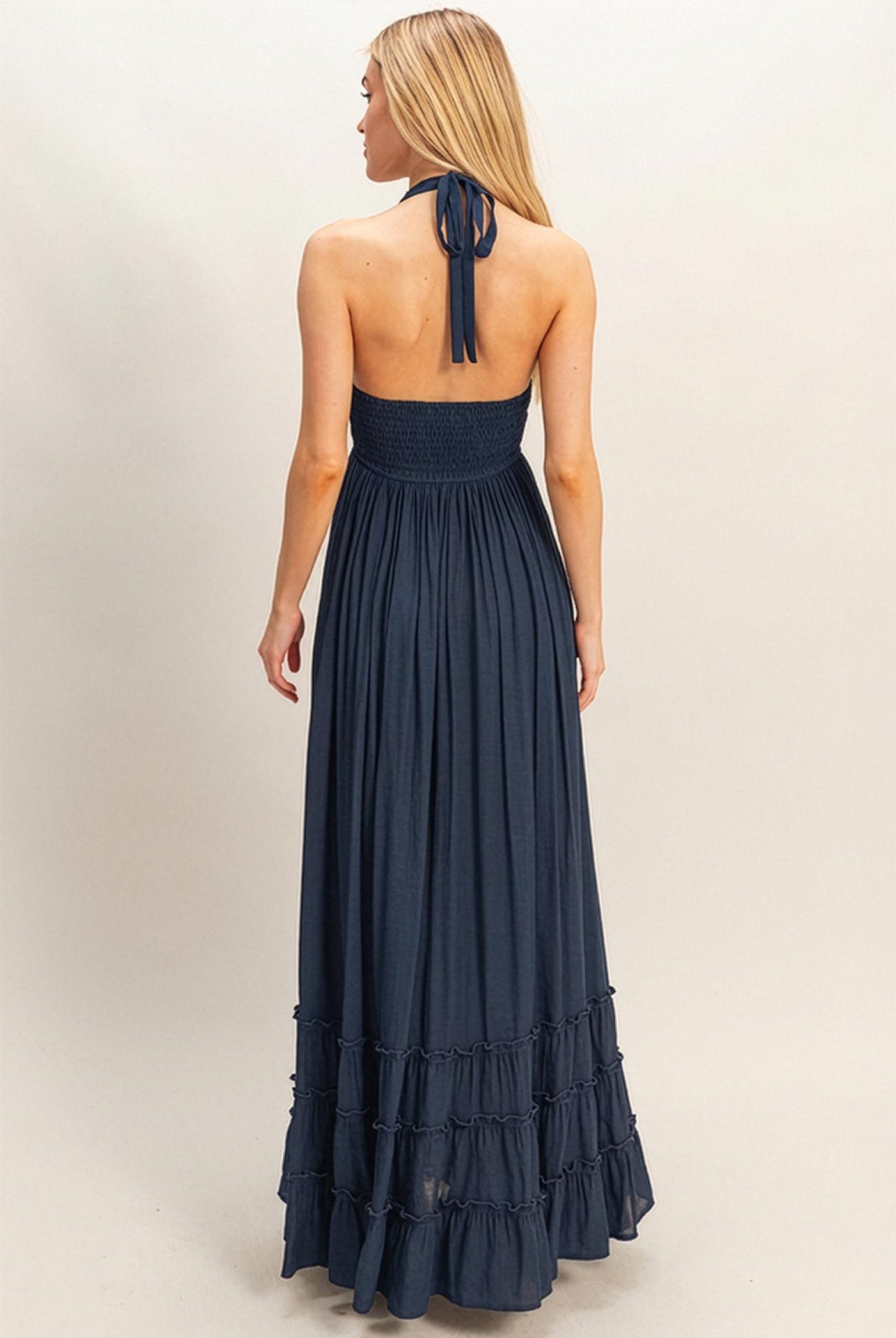 Wholesale Halter Neck Smocked Maxi Dress Dresses HF26C287-D DARK NAVY HYFVE