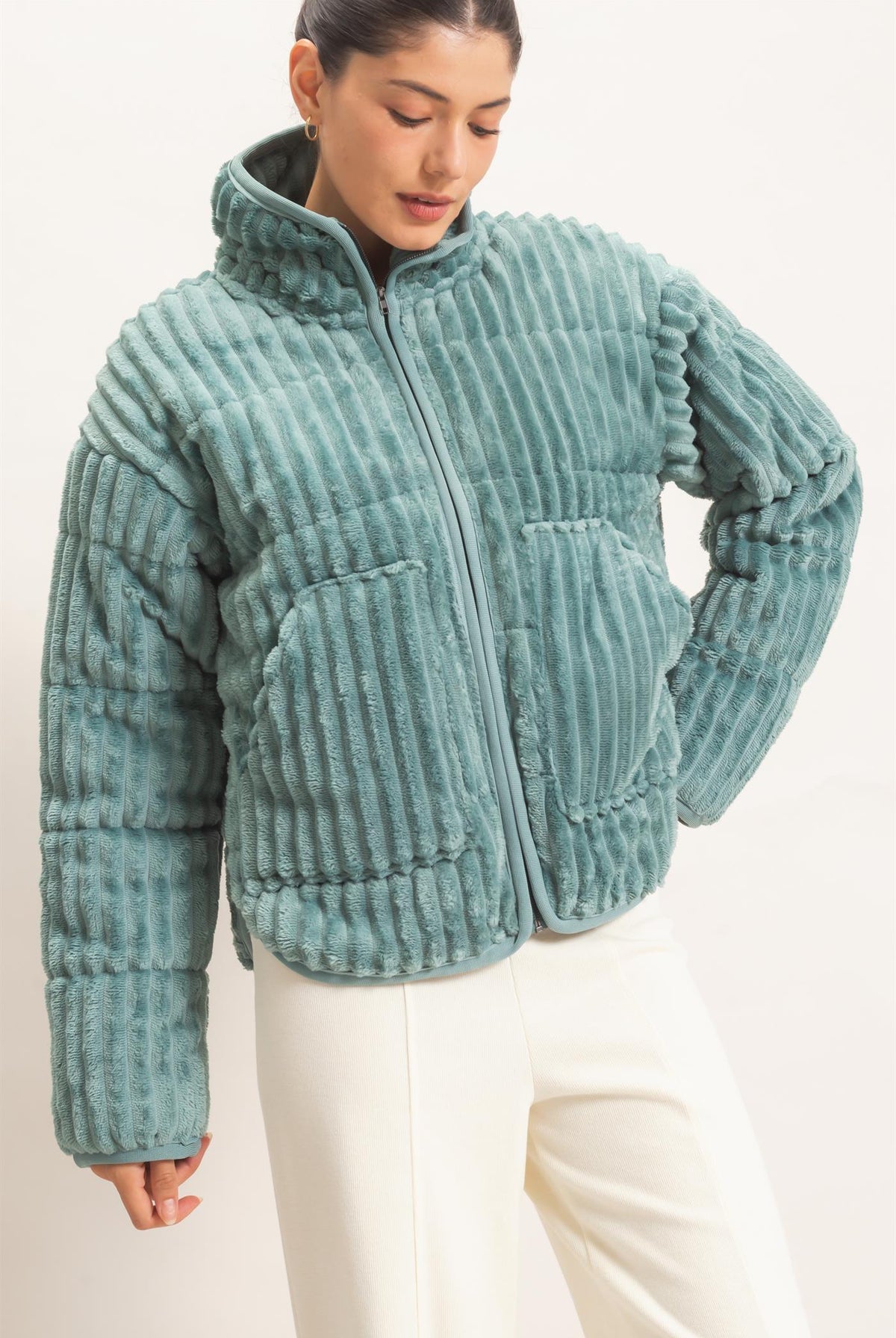 Wholesale Quilted Corduroy Zip-Up Jacket Coats & Jackets HF26E753 LIGHT TEAL HYFVE
