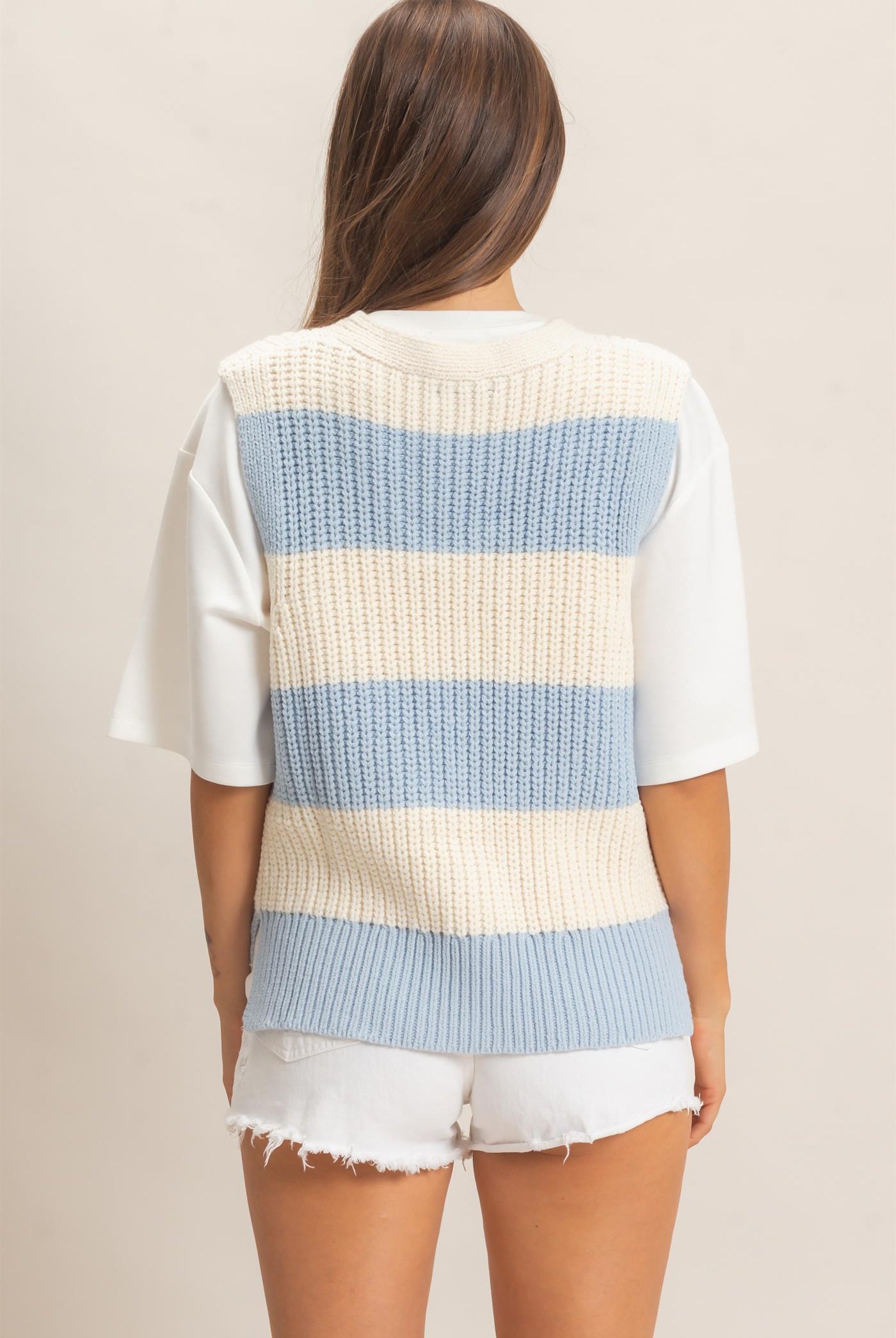 Wholesale V-Neck Striped Sweater Vest Sweaters HF26E482-D BLUE HYFVE