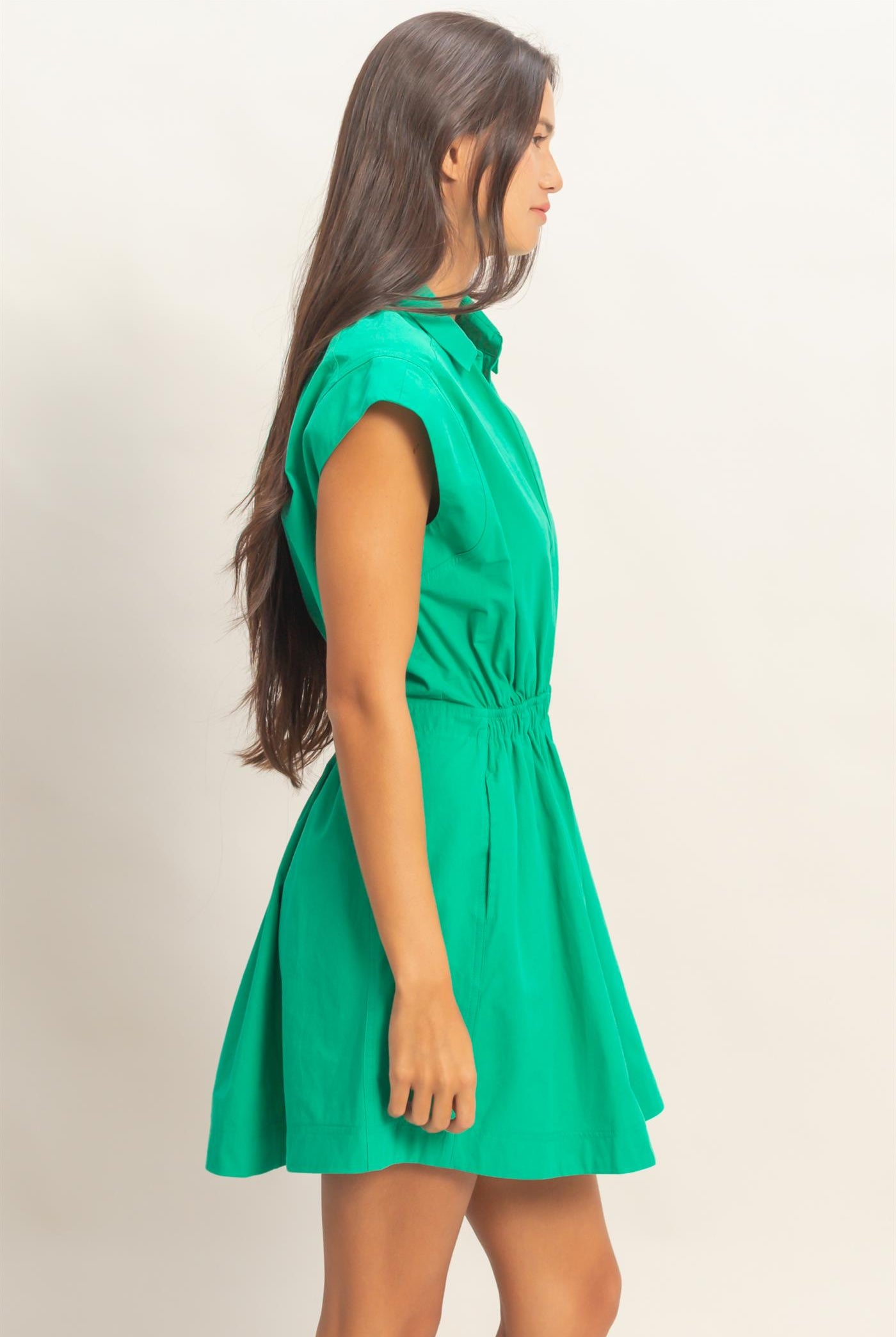 Wholesale Sleeveless Collared Shirred Mini Dress Dresses DZ26A751 GREEN DOUBLE ZERO