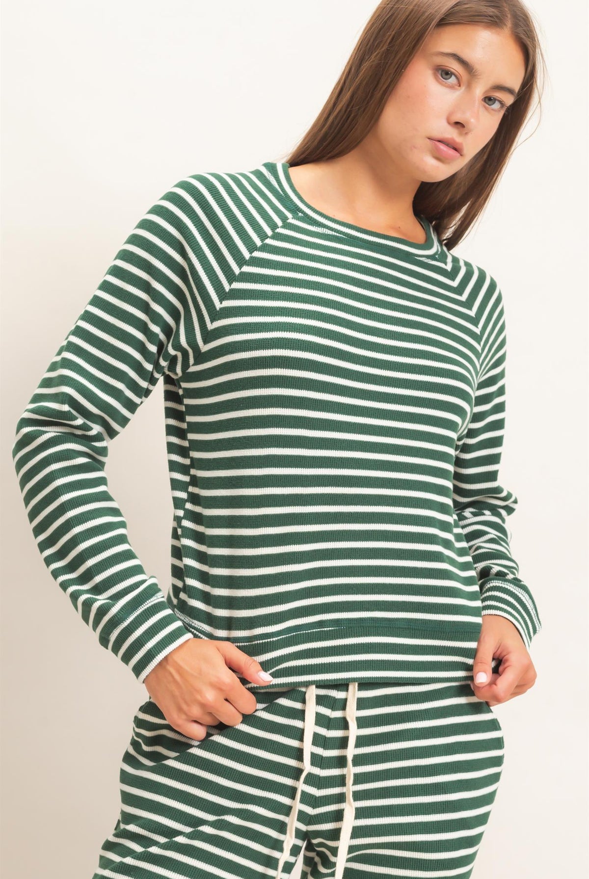 Wholesale Striped Waffle Knit Raglan Top Clothing Tops DZ26E450 DARK GREEN DOUBLE ZERO