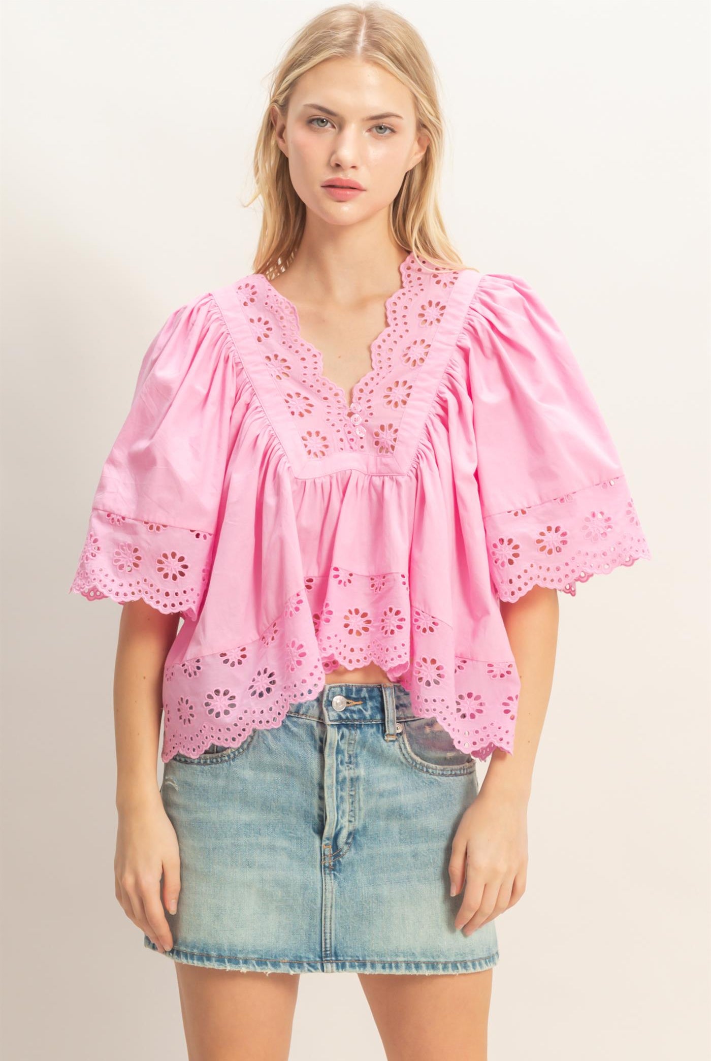 Wholesale Scalloped Eyelet Babydoll Top Clothing Tops HF26C293 PINK HYFVE