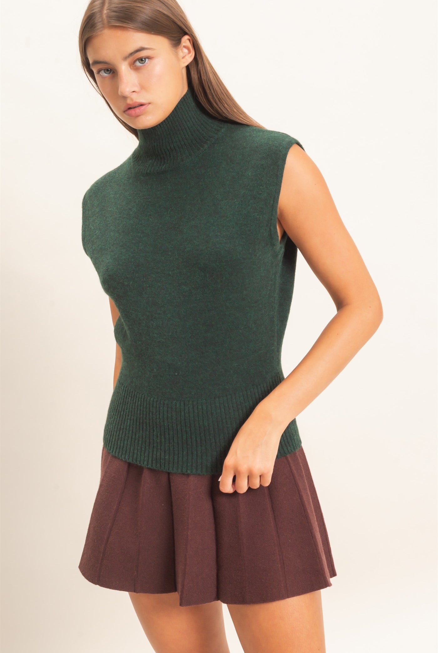 Wholesale Sleeveless High Neck Knit Top Clothing Tops DZ26E946 DEEP GREEN DOUBLE ZERO
