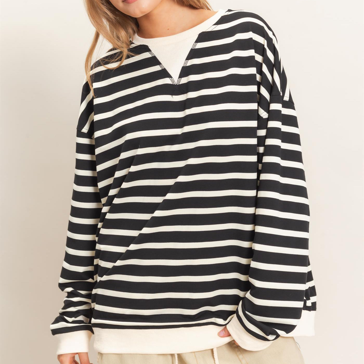 Wholesale Striped Long Sleeve Pullover Sweatshirts HF26F077 BLACK/CREAM HYFVE