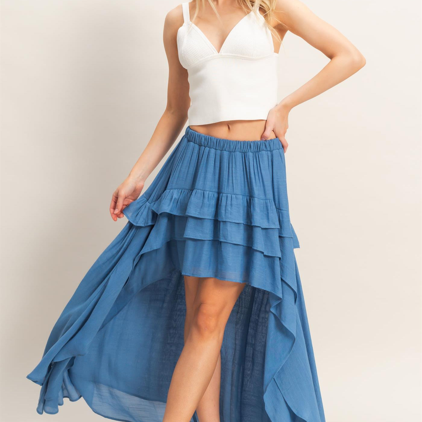 Wholesale Tiered Ruffle High-Low Skirt Skirts HF26C194 DENIM BLUE HYFVE