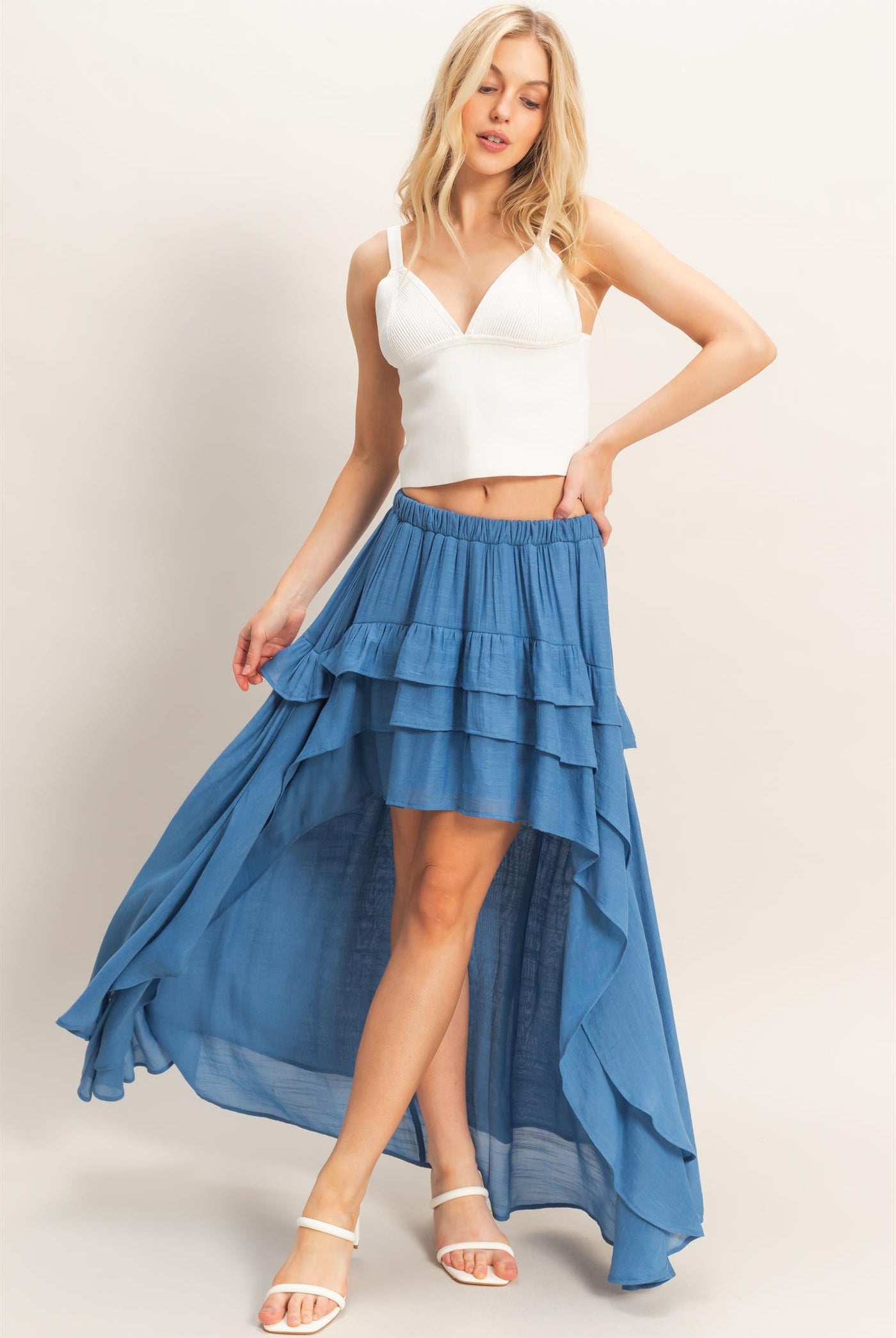 Wholesale Tiered Ruffle High-Low Skirt Skirts HF26C194 DENIM BLUE HYFVE