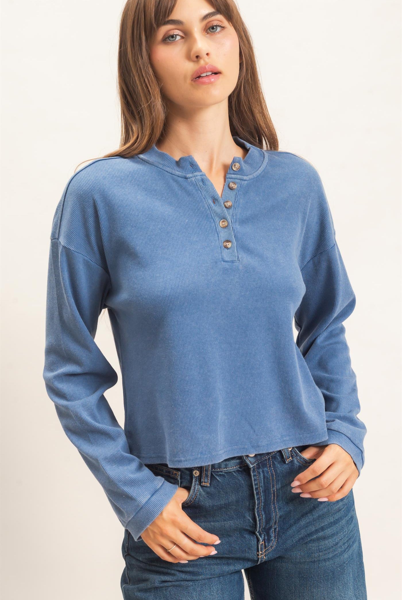 Wholesale Buttoned Henley Top Clothing Tops HF26F081 BLUE HYFVE
