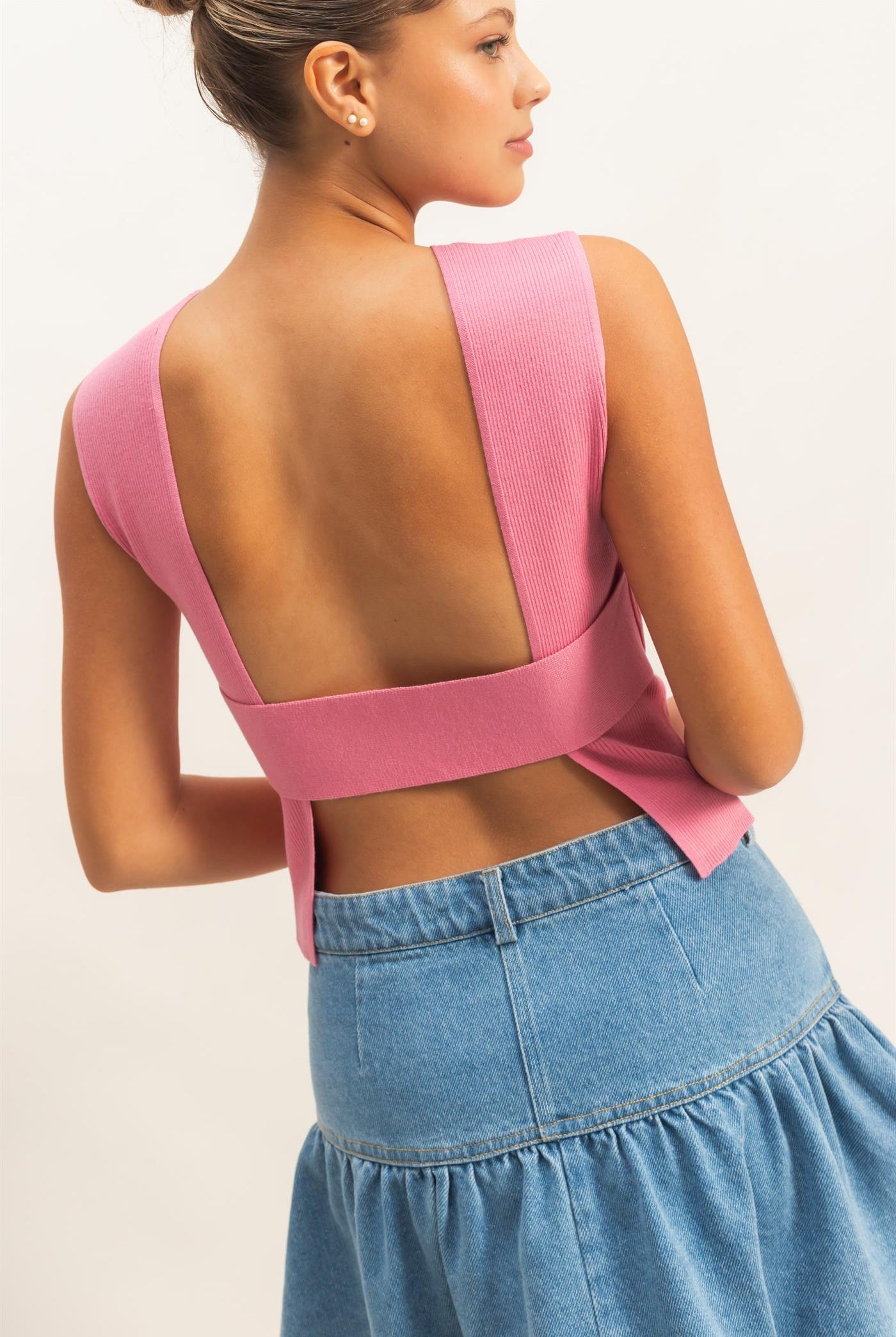 Wholesale Ribbed Crew Neck Sleeveless Open Back Top Clothing Tops DZ26C692 PINK DOUBLE ZERO