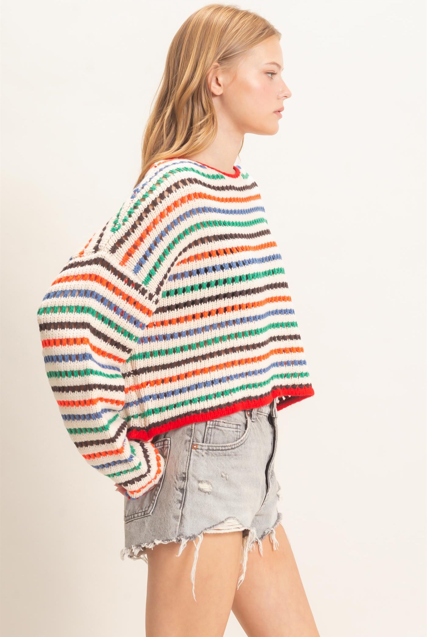 Wholesale Striped Knit Sweater Sweaters HF26F189 CREAM HYFVE