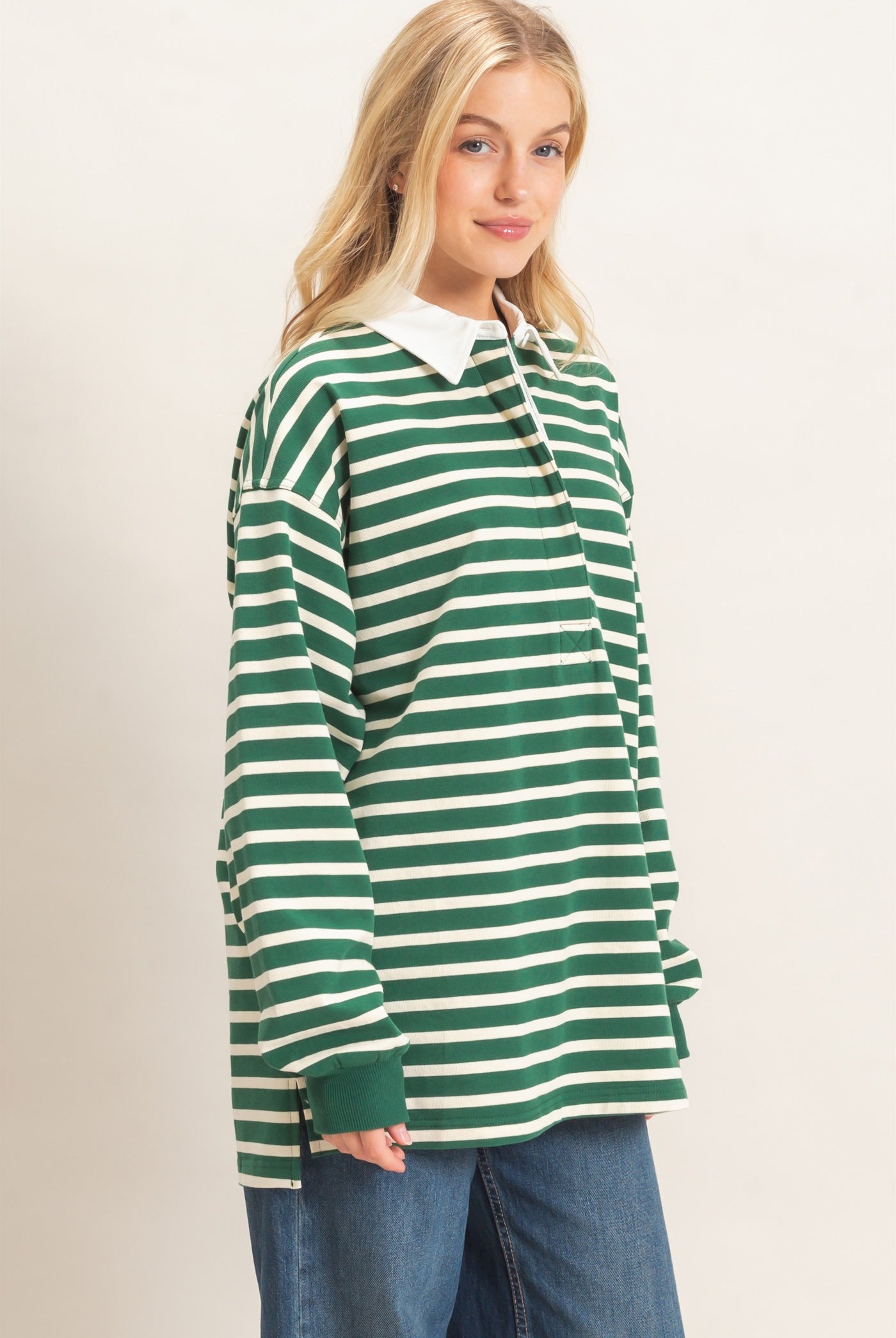 Wholesale Striped Polo Long Sleeve Top Clothing Tops HF26F078 GREEN/CREAM HYFVE