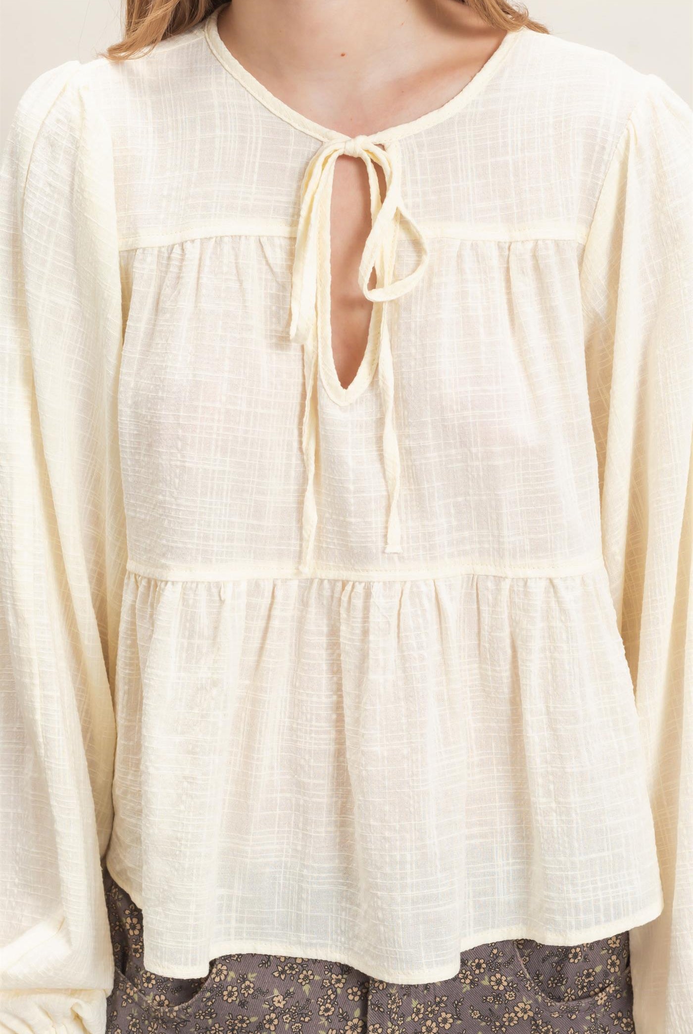 Wholesale Tie Front Peplum Blouse Blouses HF26F065 CREAM HYFVE
