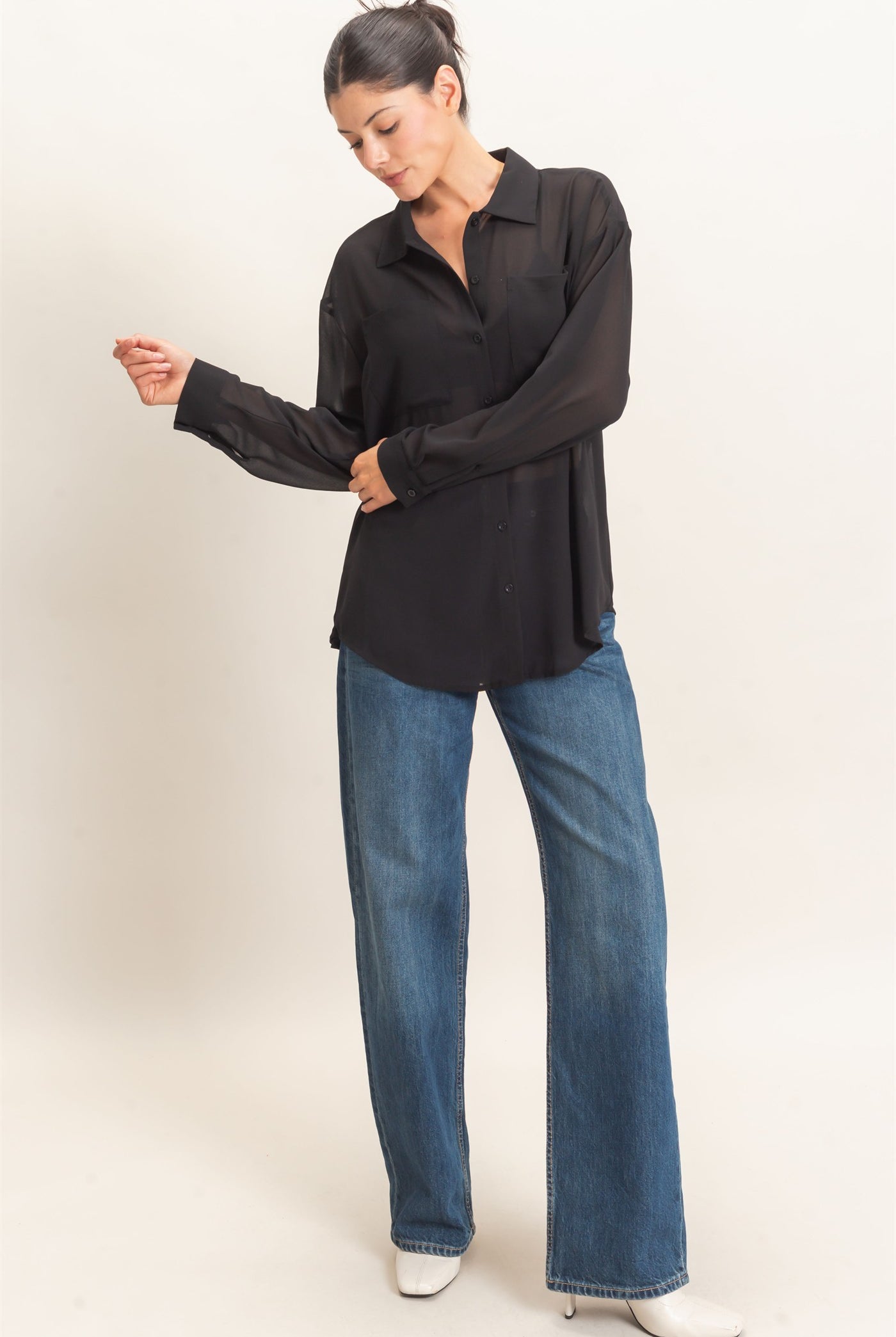 Wholesale Button-Down Collar Blouse Shirts HF26F067 BLACK HYFVE