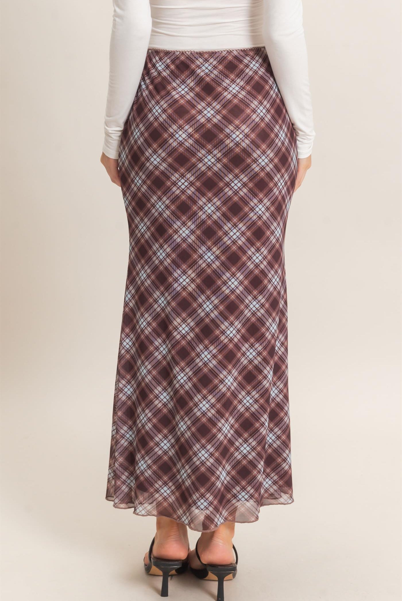 Wholesale Printed Mesh Maxi Skirt Skirts HF26F214 BROWN/PLAID HYFVE