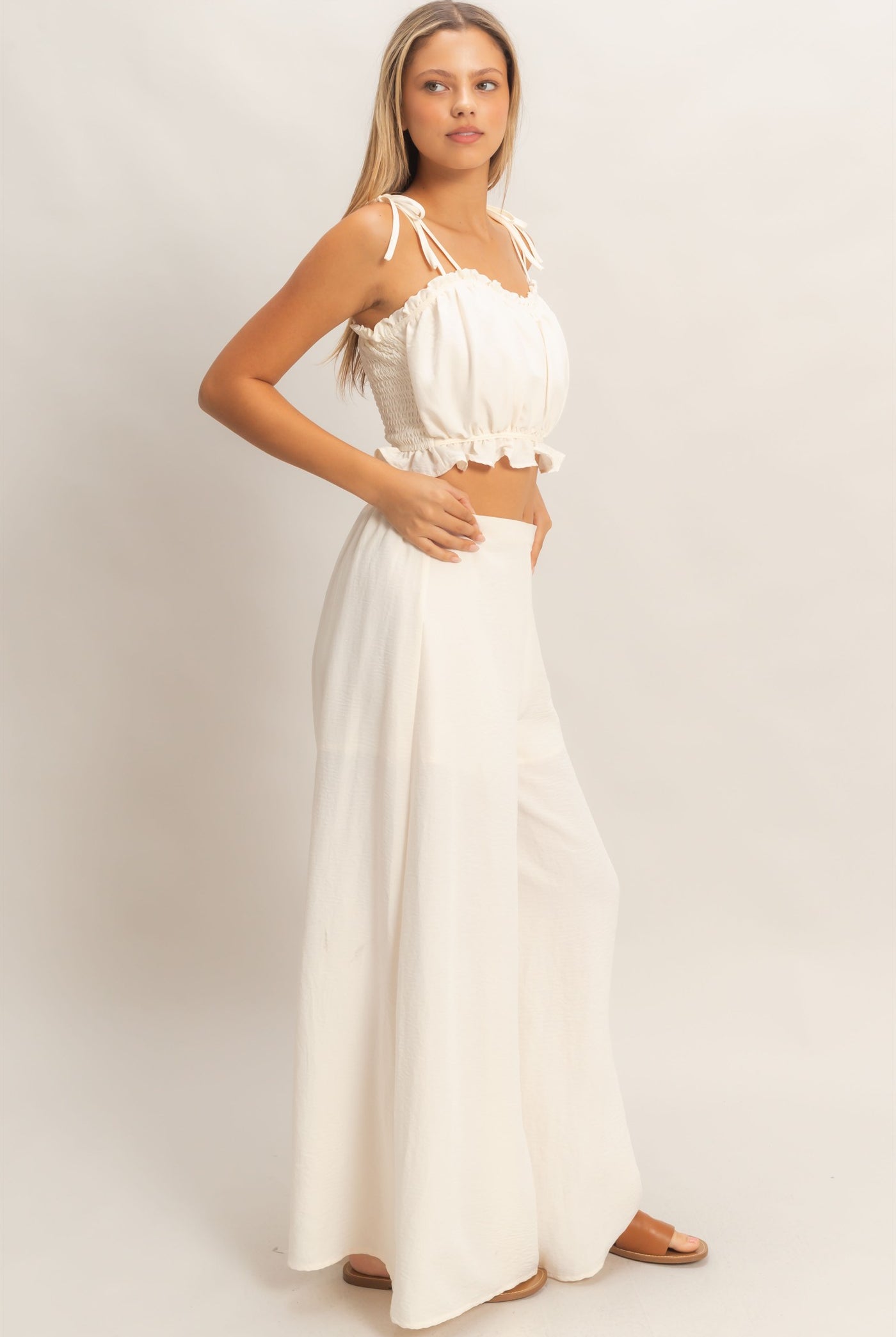 Wholesale Ruffle Smocked Bust Top & Wide Pants Clothing HF26A502-SET-D OFF WHITE HYFVE