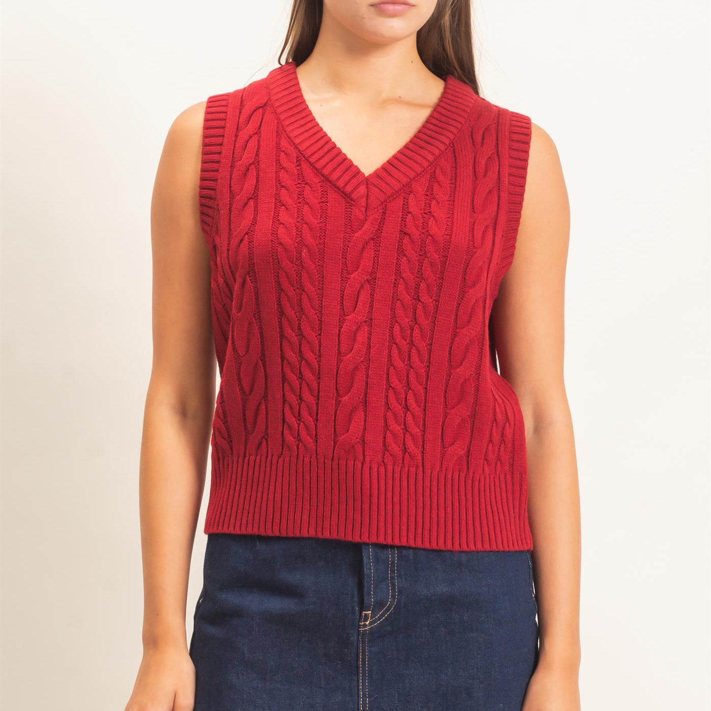 Wholesale Cable Knit V-Neck Sweater Vest Sweaters DZ26E548 BURGUNDY DOUBLE ZERO