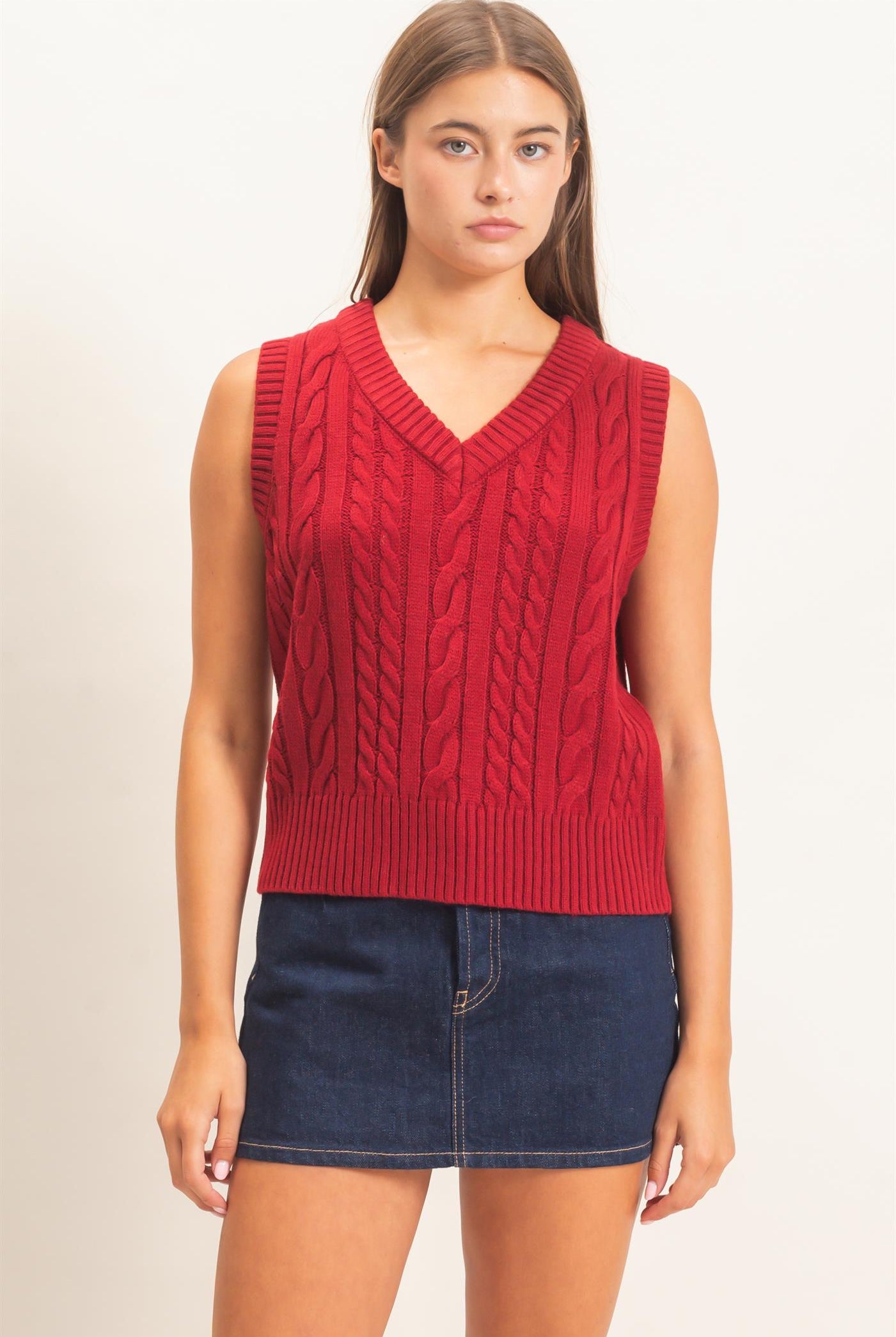 Wholesale Cable Knit V-Neck Sweater Vest Sweaters DZ26E548 BURGUNDY DOUBLE ZERO