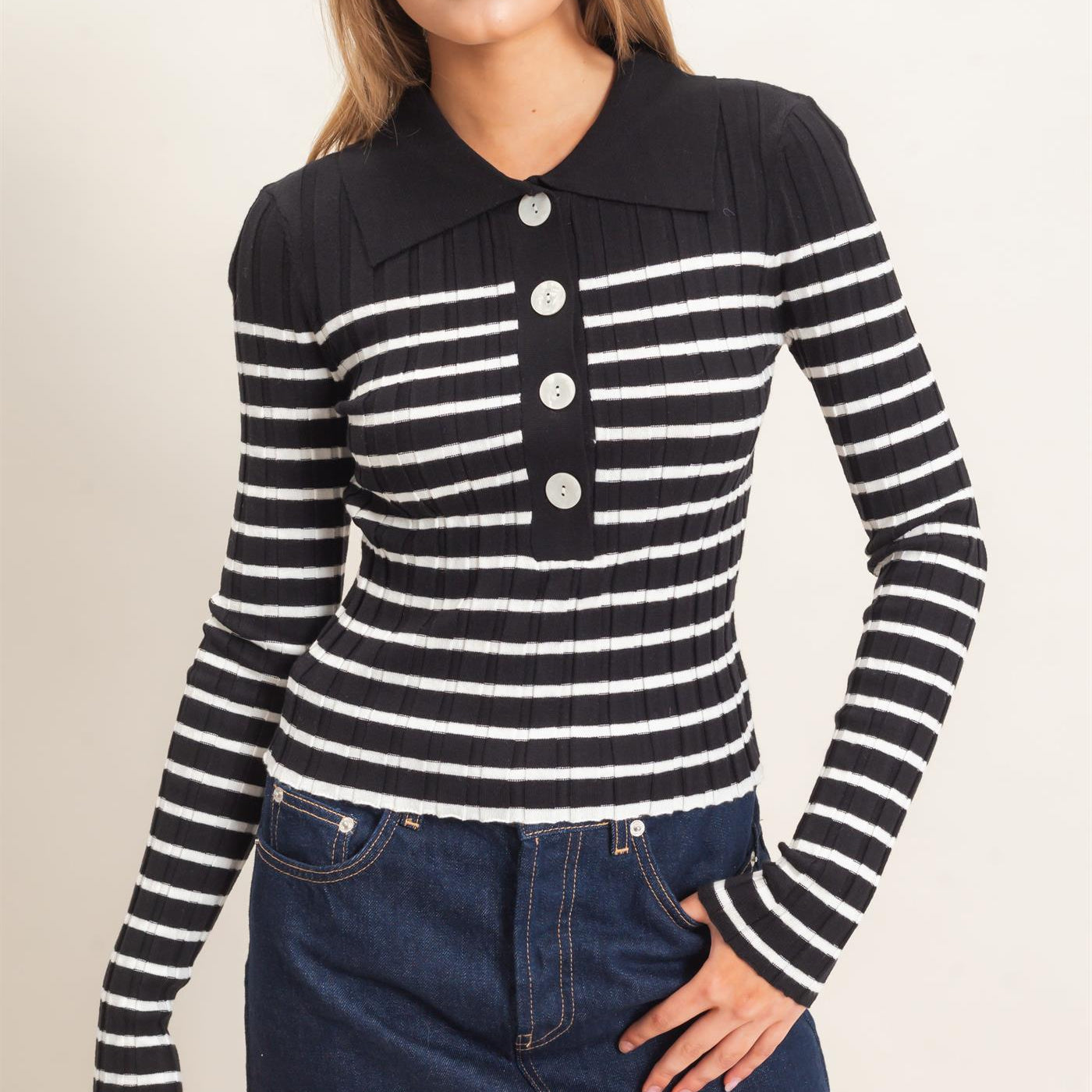 Wholesale Ribbed Collared Sweater Sweaters HF26E534 BLACK HYFVE