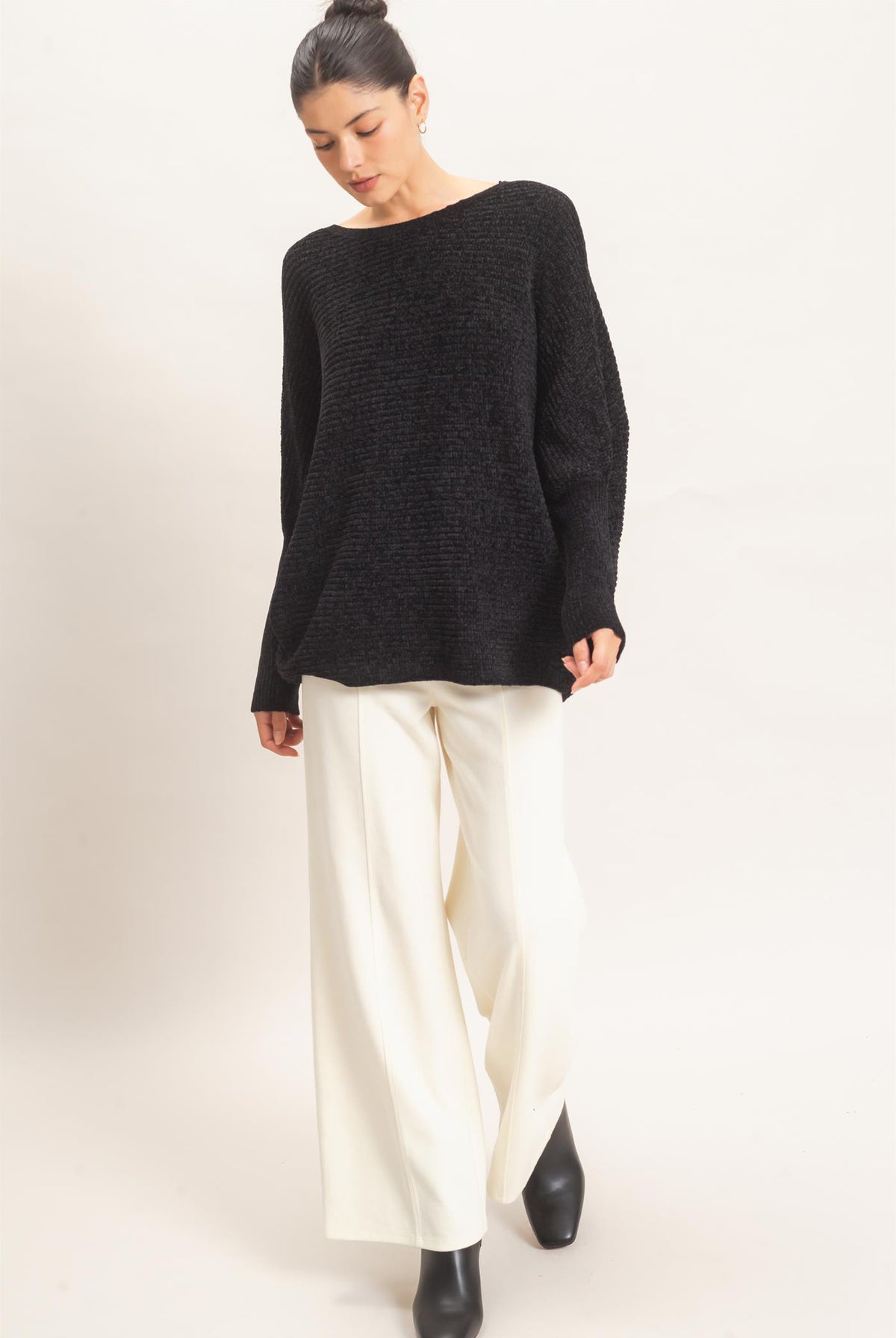 Wholesale Chenille Boat Neck Dolman Sleeve Sweater Sweaters HF26F185 BLACK HYFVE