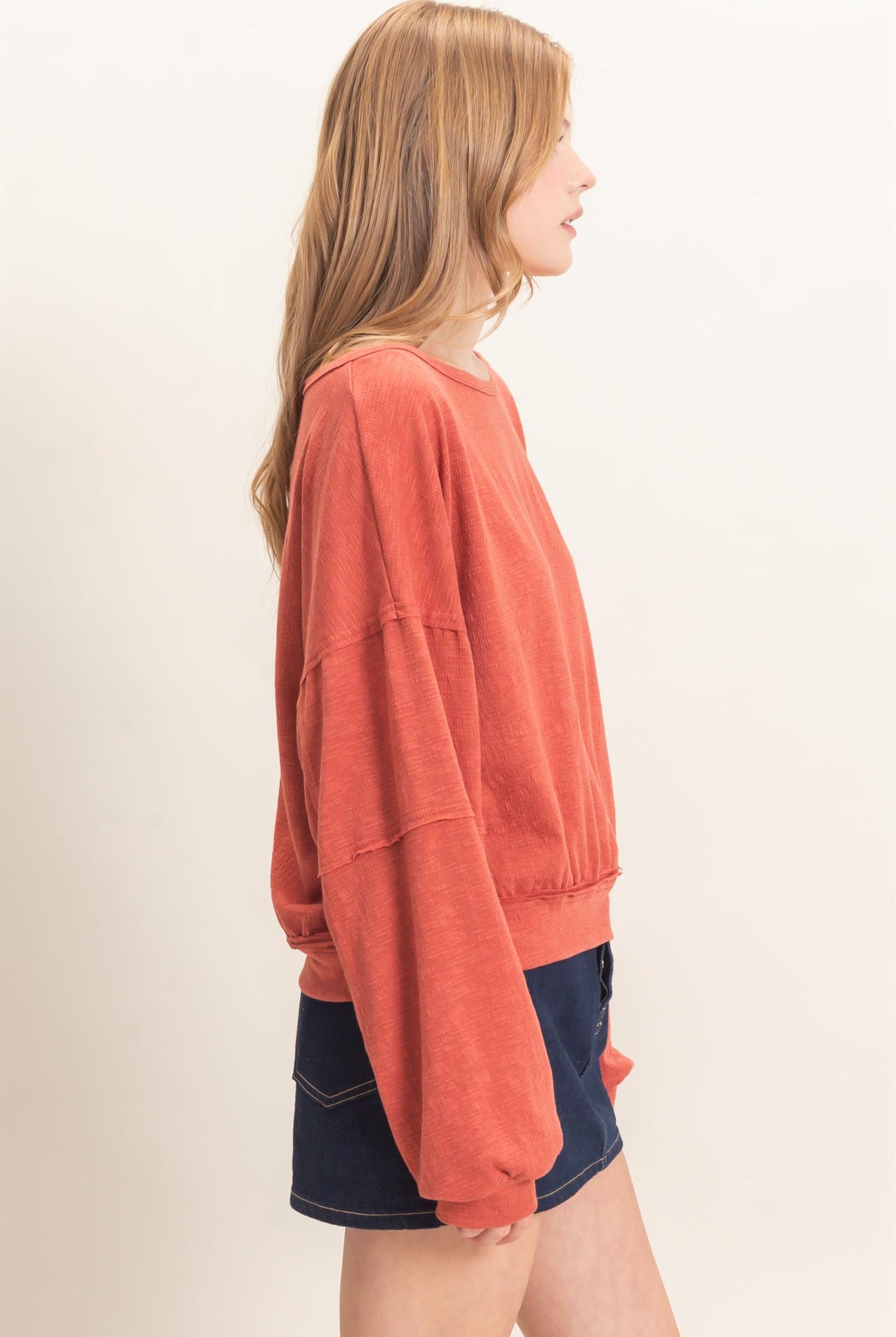 Wholesale Relaxed Boat Neck Long Sleeve Top Clothing Tops HF25F340 BRICK HYFVE
