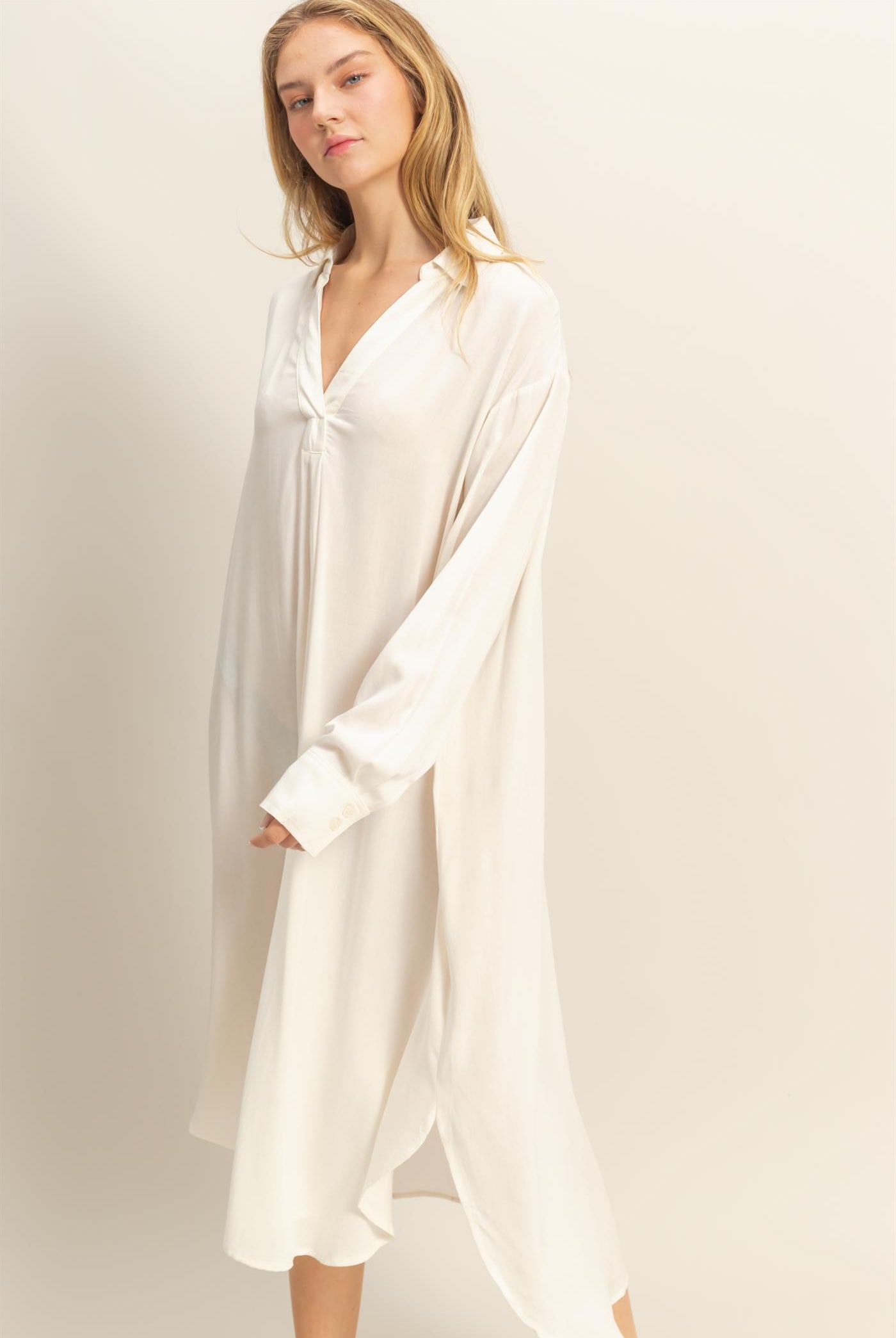 Wholesale V-Neck Long Sleeved Midi Shirts Dress Dresses DZ24E706 WHITE DOUBLE ZERO