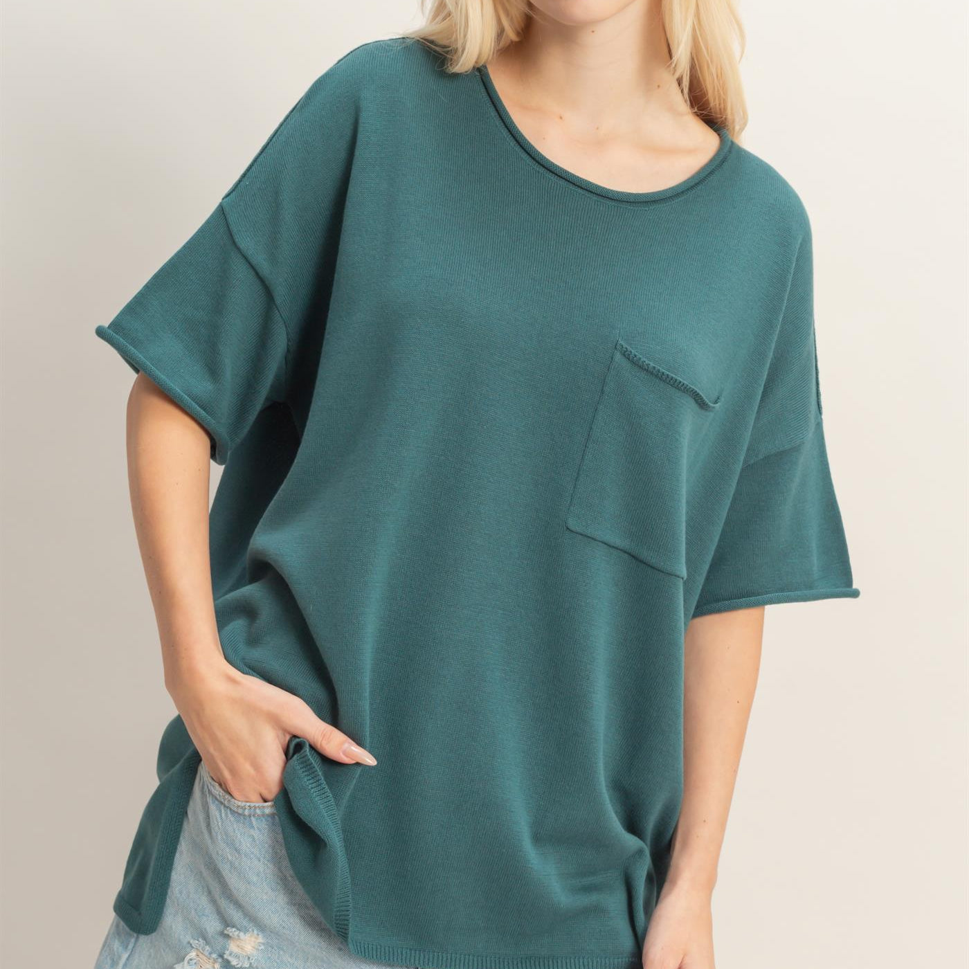 Wholesale Oversized Short Sleeve Round Neck Pocket Knit Top Clothing Tops DZ26A691 DARK TEAL DOUBLE ZERO