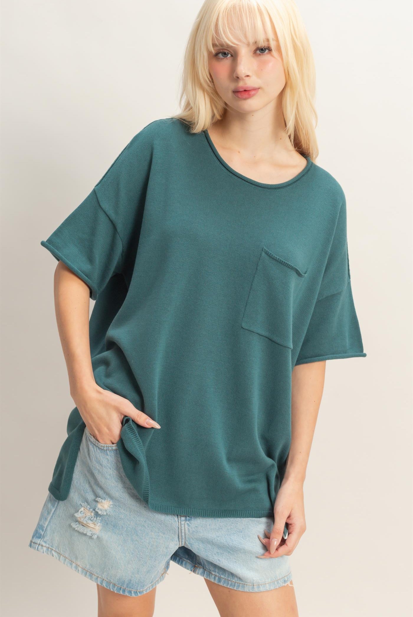 Wholesale Oversized Short Sleeve Round Neck Pocket Knit Top Clothing Tops DZ26A691 DARK TEAL DOUBLE ZERO