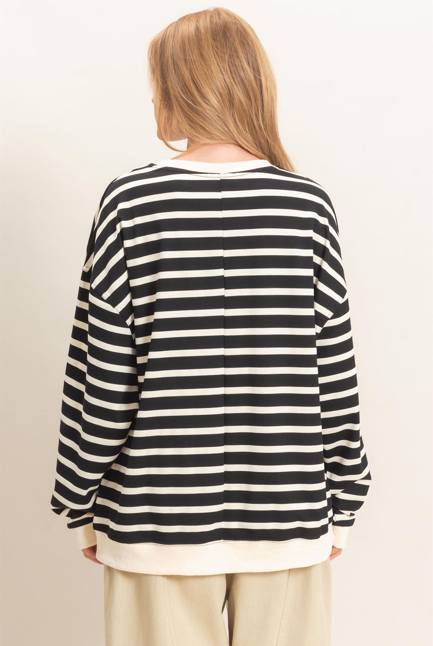 Wholesale Striped Long Sleeve Pullover Sweatshirts HF26F077 BLACK/CREAM HYFVE