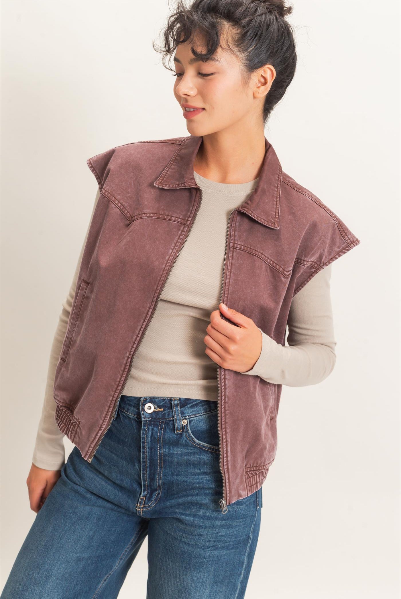 Wholesale Mineral Wash Sleeveless Zip-Up Collar Vest Vests DZ26E392 DARK BROWN DOUBLE ZERO