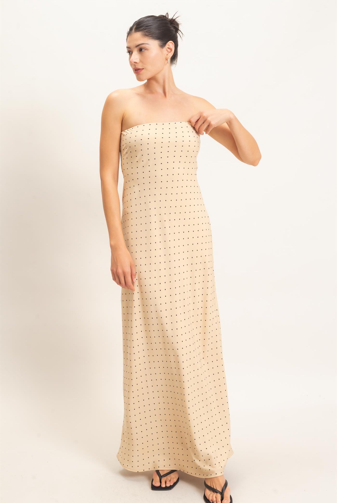 Wholesale Strapless Polka Dot Maxi Dress Dresses HF26E845 BEIGE HYFVE