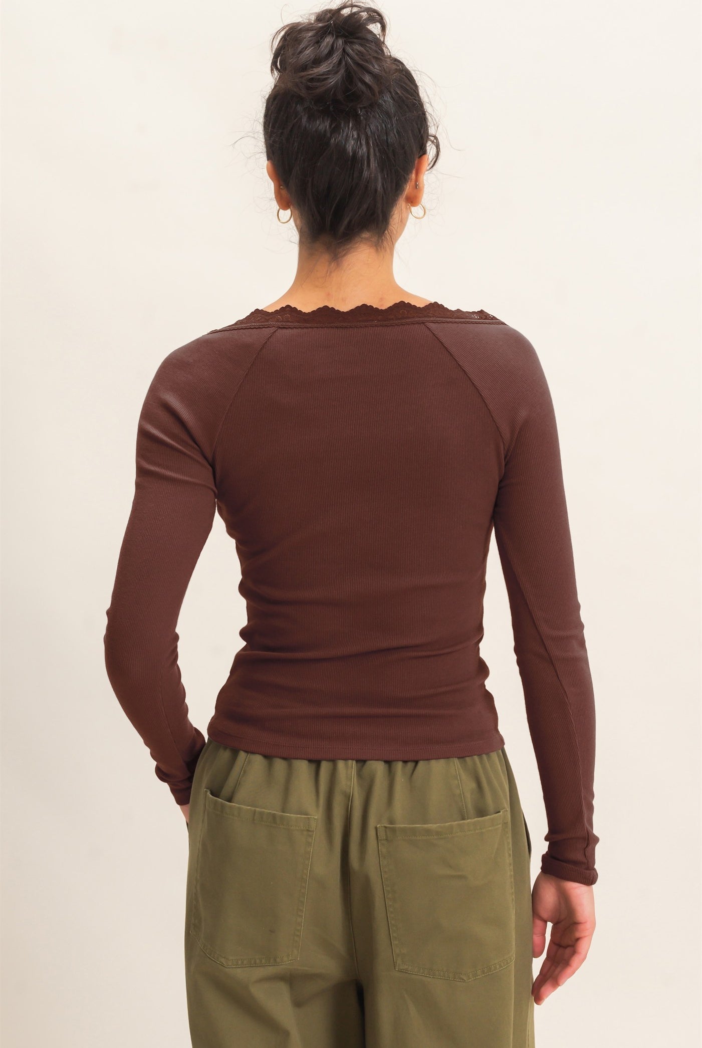 Wholesale Lace-Trim Henley Top Clothing Tops DZ26E325 DARK BROWN DOUBLE ZERO