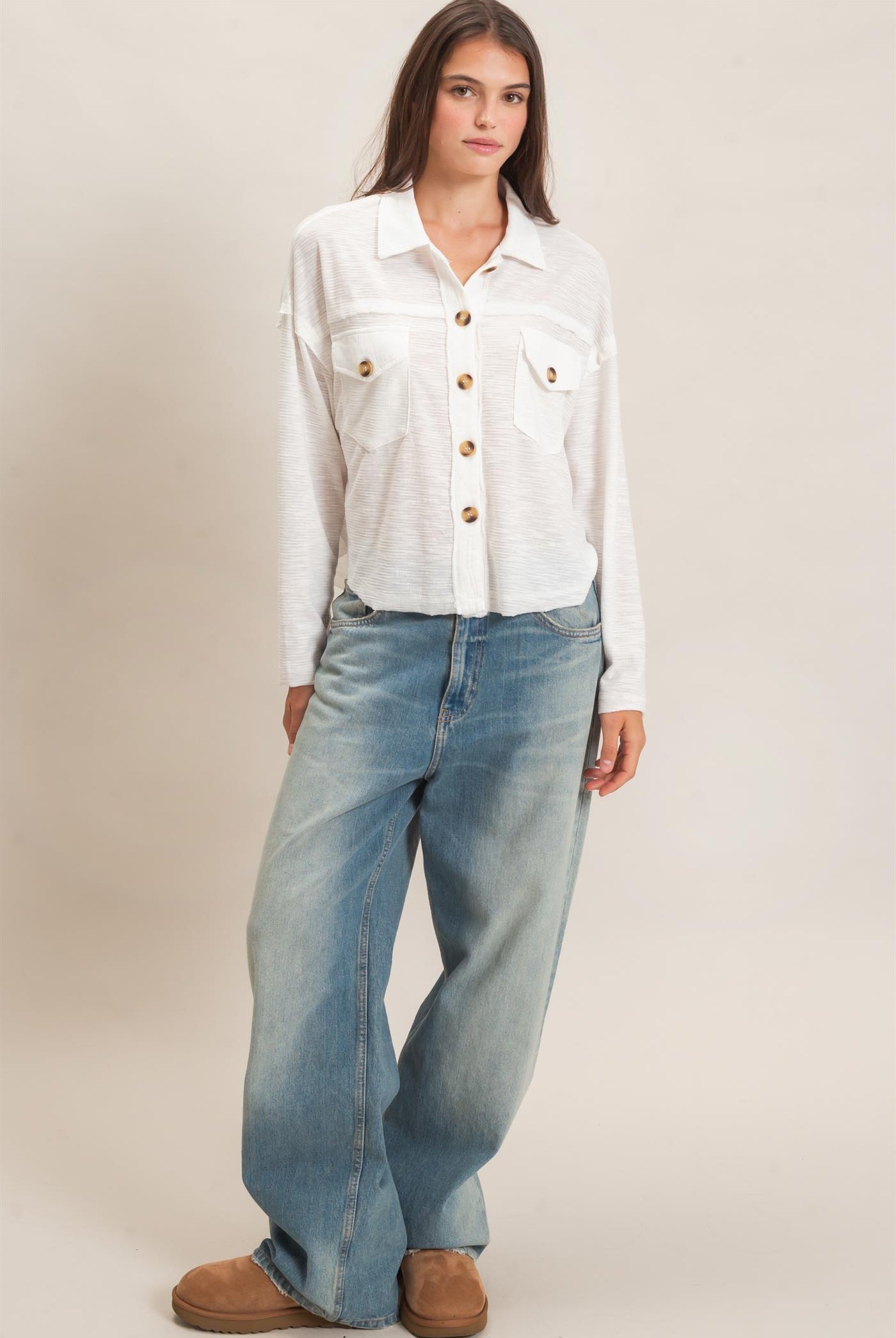 Wholesale Textured Button-Up Shirt Clothing Tops HF26C878 WHITE HYFVE
