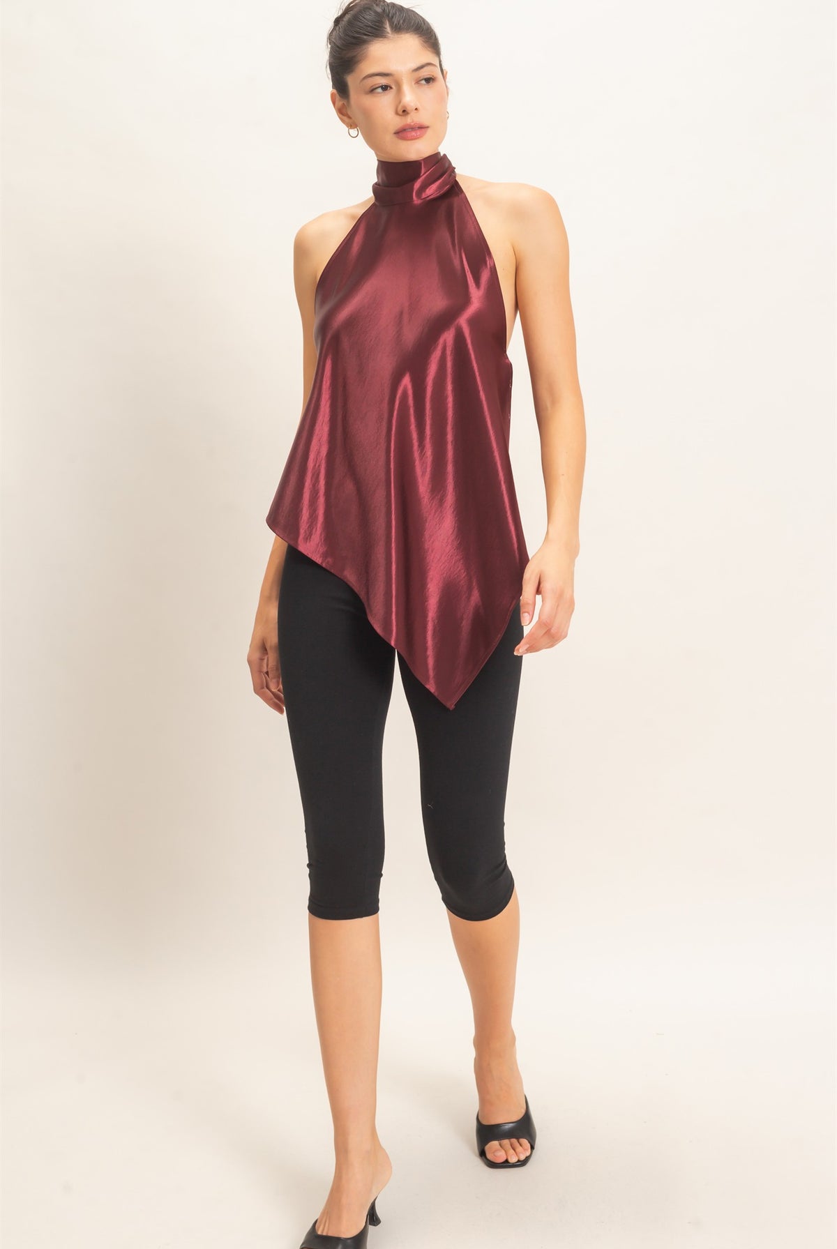 Wholesale Asymmetrical Satin Halter Top Blouses HF26F114 WINE HYFVE