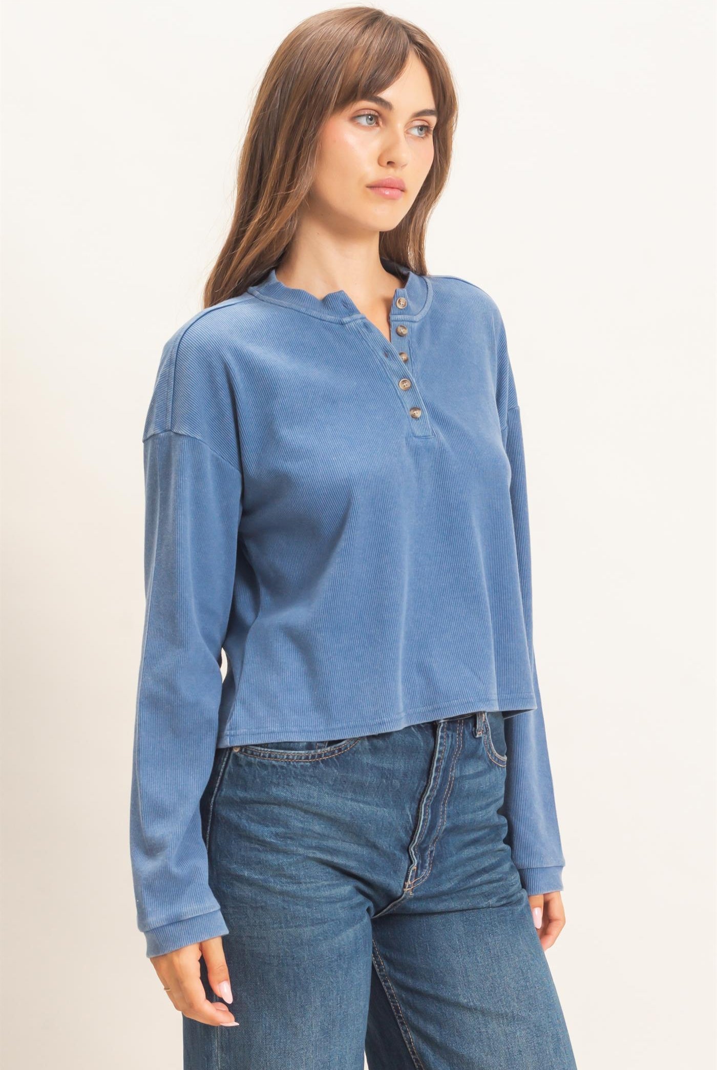 Wholesale Buttoned Henley Top Clothing Tops HF26F081 BLUE HYFVE