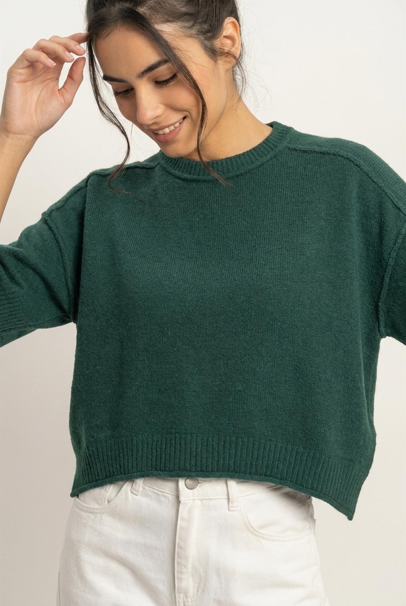 Wholesale Seam Detail Short Sleeve Knit Top Clothing Tops DZ26A827 DARK GREEN DOUBLE ZERO