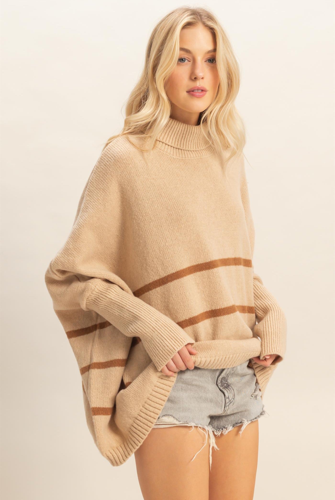 Wholesale Striped Turtle Neck Oversized Sweater Sweaters HF25F290 L.TAUPE HYFVE