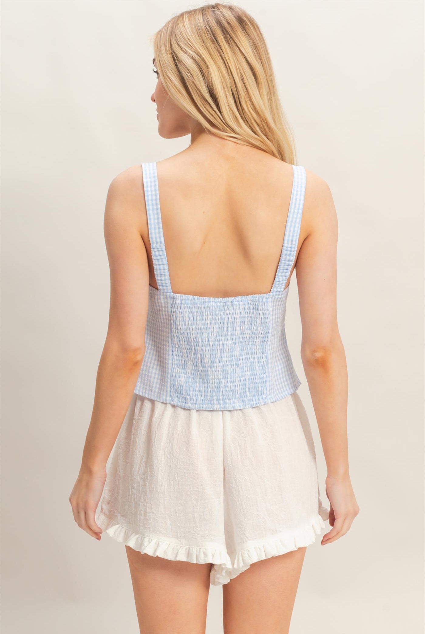 Wholesale Gingham Tie Front Tank Top Tank Tops HF26A013 L.BLUE HYFVE
