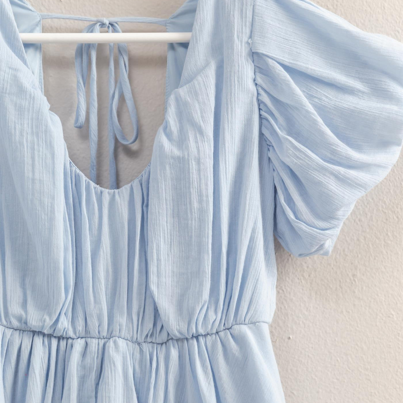 Wholesale V-Neck Puff Sleeve Flowy Mini Dress Dresses HF25A226 L.BLUE HYFVE