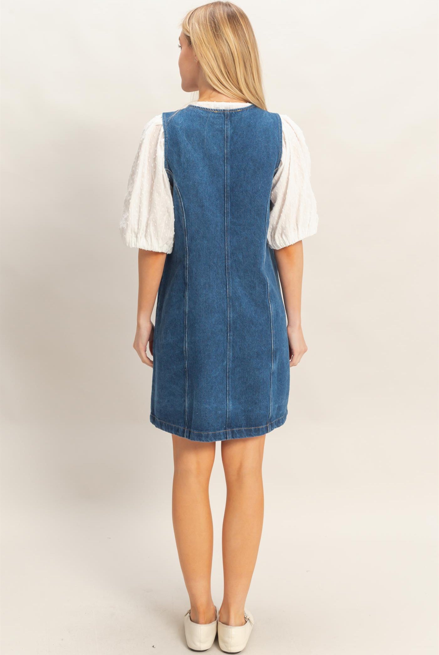 Wholesale V-Neck Button-Front Denim Dress Dresses HF26A273-D DARK DENIM HYFVE